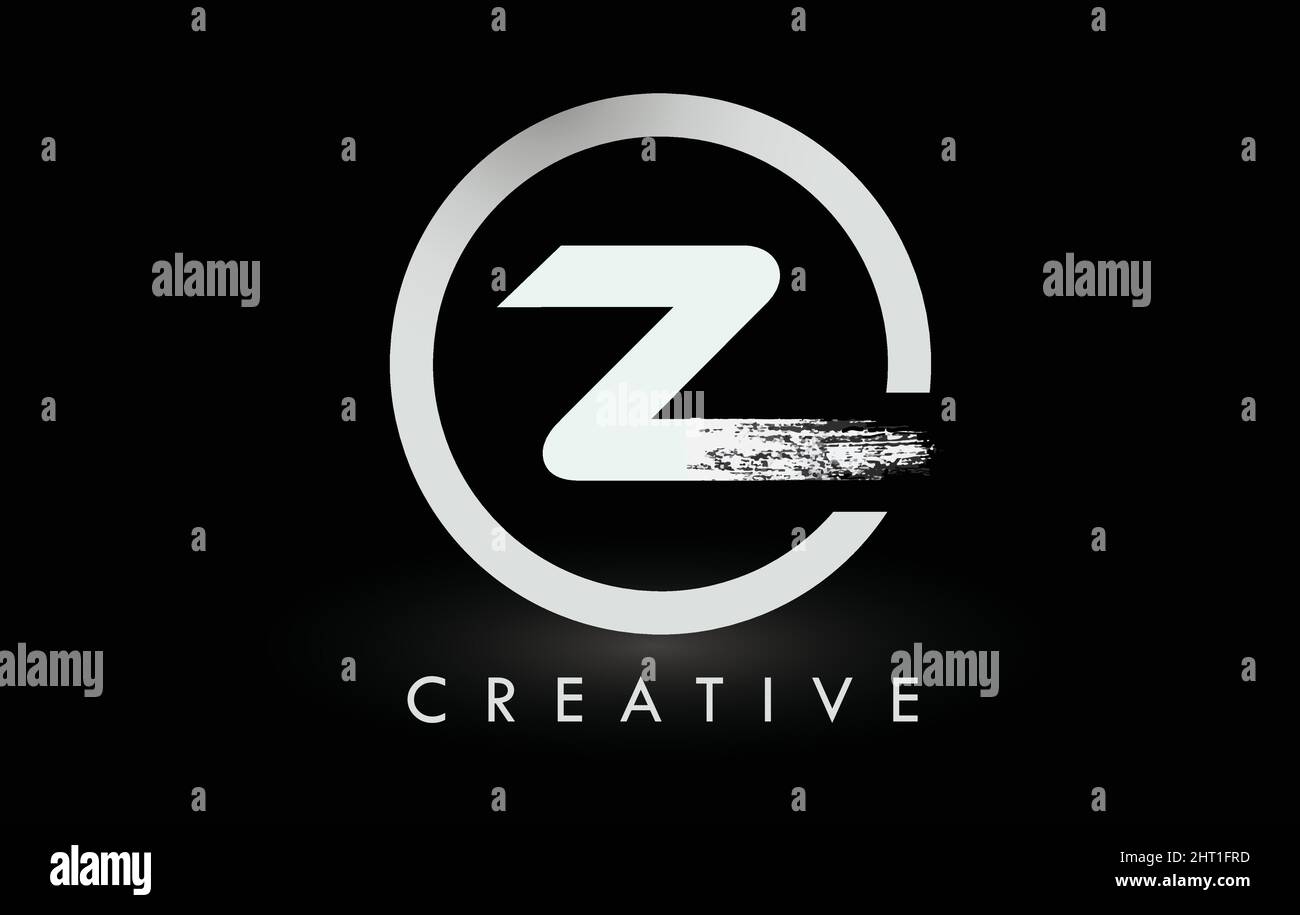 Weißer Z-Pinsel mit Logo-Schriftzug und schwarzem Kreis. Creative Brushed Letters Icon Logo. Stock Vektor