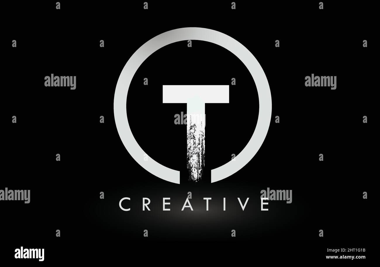 Weißer T-Pinsel mit Logo-Schriftzug und schwarzem Kreis. Creative Brushed Letters Icon Logo. Stock Vektor