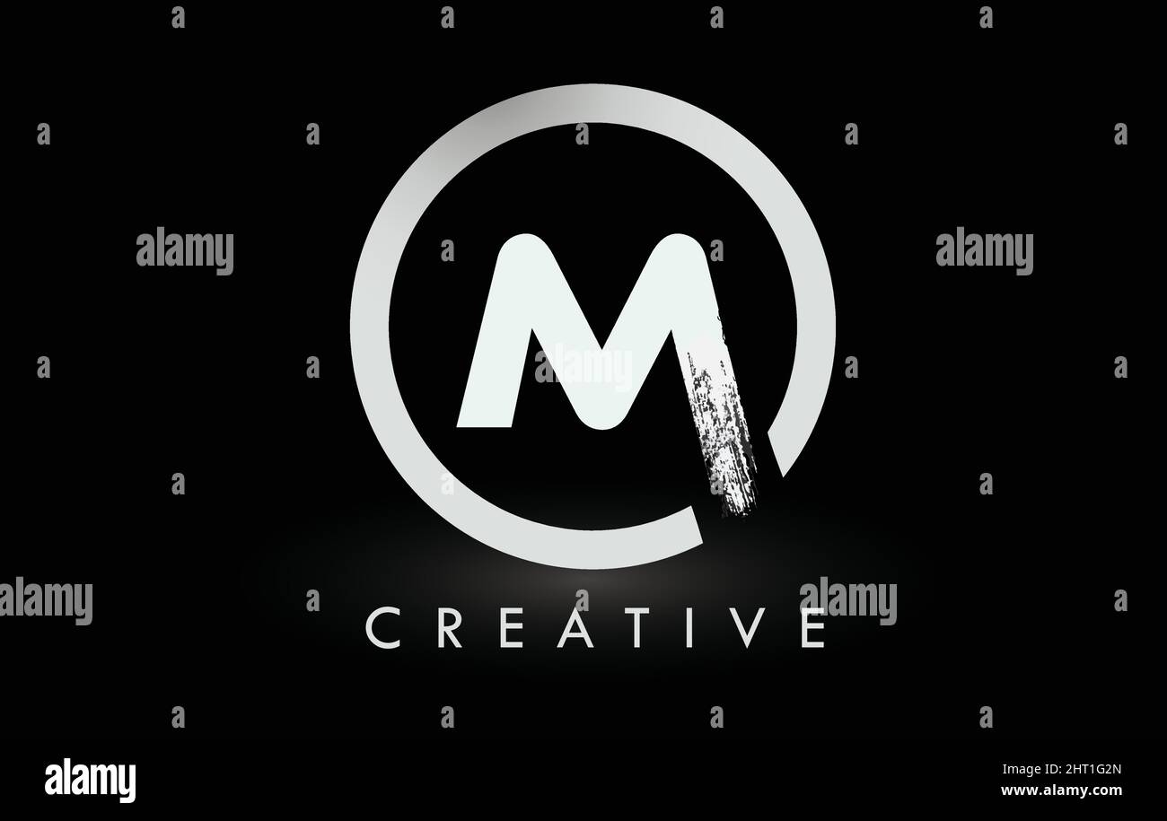Weißes M-Bürstenlogo mit schwarzem Kreis. Creative Brushed Letters Icon Logo. Stock Vektor