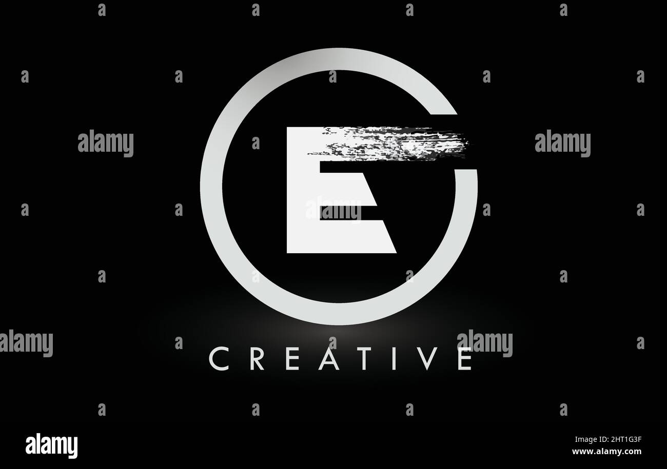 Weißer E-Pinsel mit Logo-Schriftzug und schwarzem Kreis. Creative Brushed Letters Icon Logo. Stock Vektor