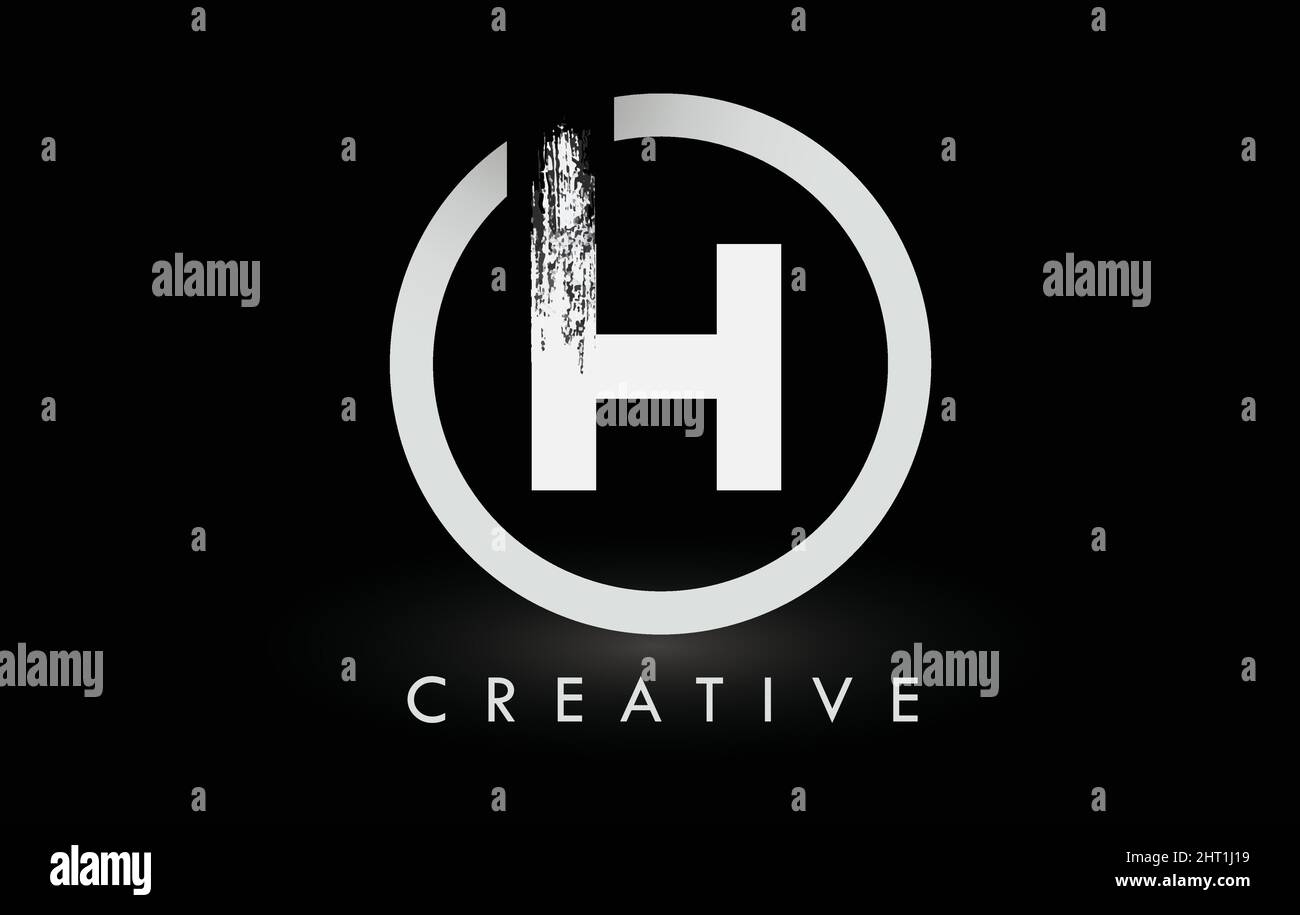 Weißes H-Pinsel-Logo mit schwarzem Kreis. Creative Brushed Letters Icon Logo. Stock Vektor