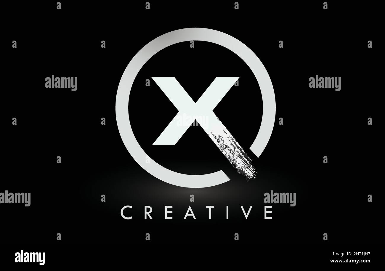 Weißes X-Pinsel-Logo mit schwarzem Kreis. Creative Brushed Letters Icon Logo. Stock Vektor