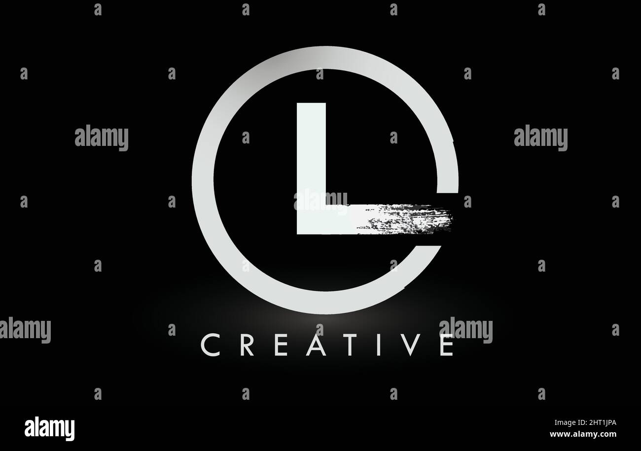 Weißes L-Pinsel-Logo mit schwarzem Kreis. Creative Brushed Letters Icon Logo. Stock Vektor