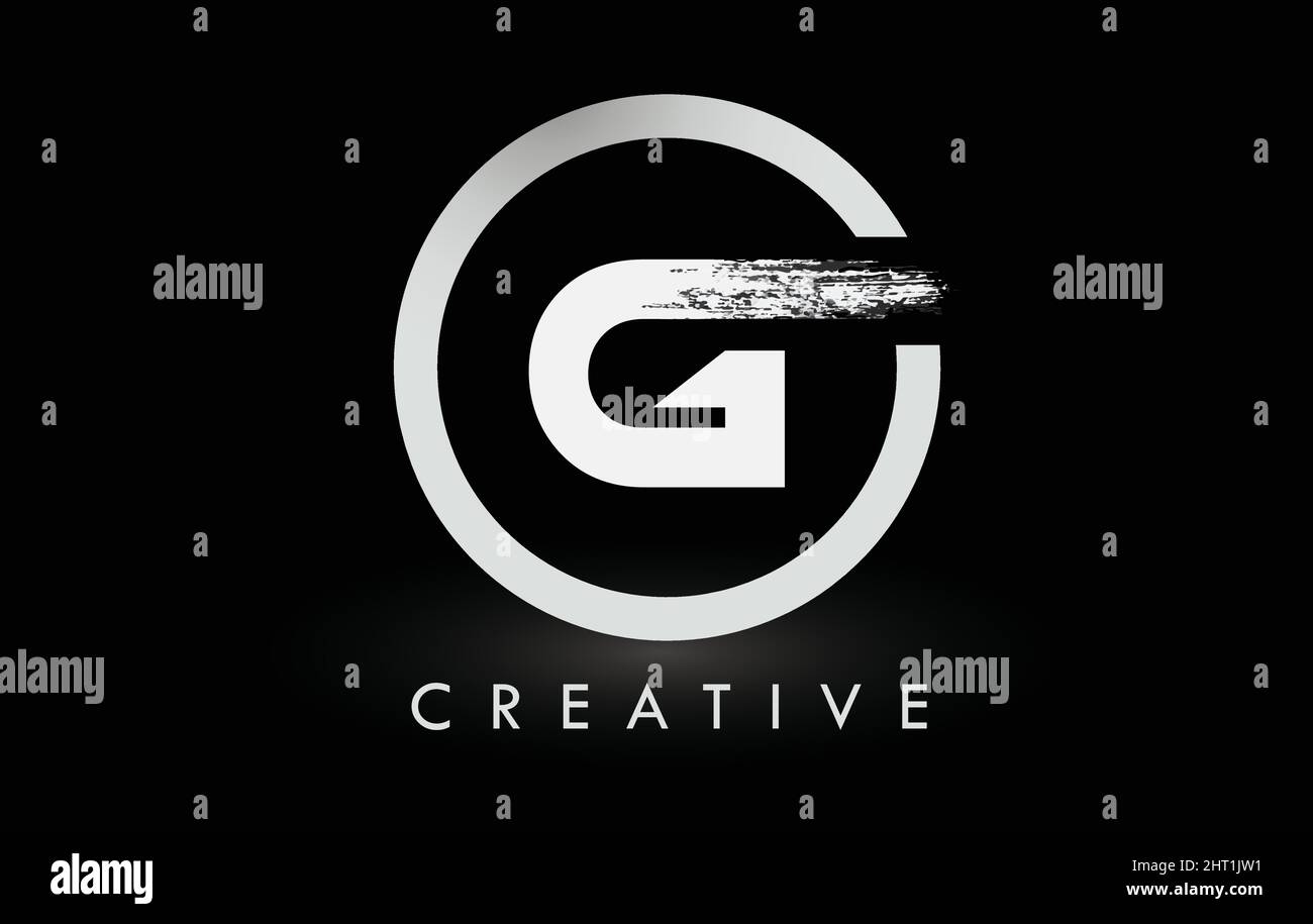 Weißes G-Pinsel-Logo mit schwarzem Kreis. Creative Brushed Letters Icon Logo. Stock Vektor