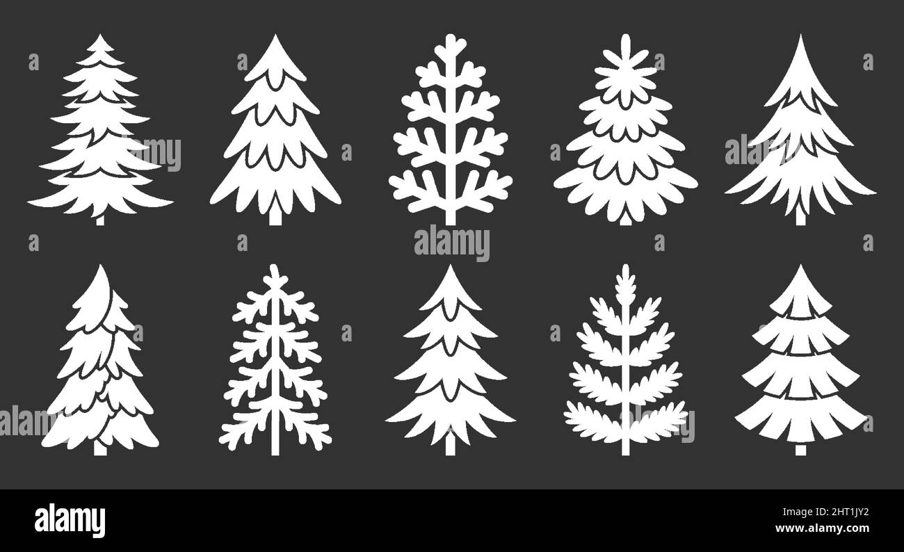 Weihnachtsbaum Stempel Silhouette weiße Glyphe Set. Urlaub Aufkleber verschiedene Form Wald natürlichen immergrünen Objekt. Monochromes Element für Weihnachtskarte Dekor Neujahr einfacher Druck einfach isoliert schwarz Stock Vektor