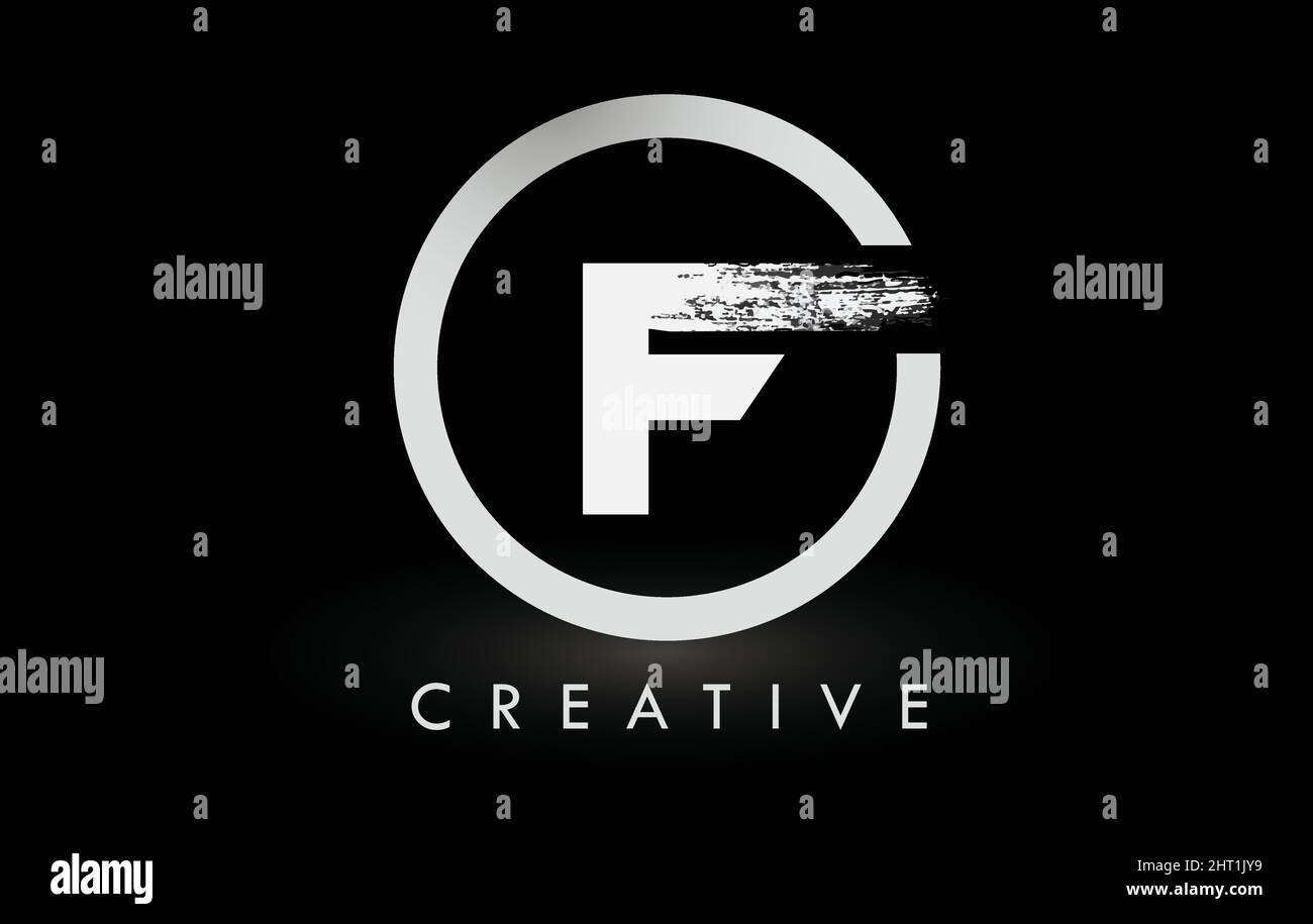 Weißer F-Pinsel mit Logo-Schriftzug und schwarzem Kreis. Creative Brushed Letters Icon Logo. Stock Vektor