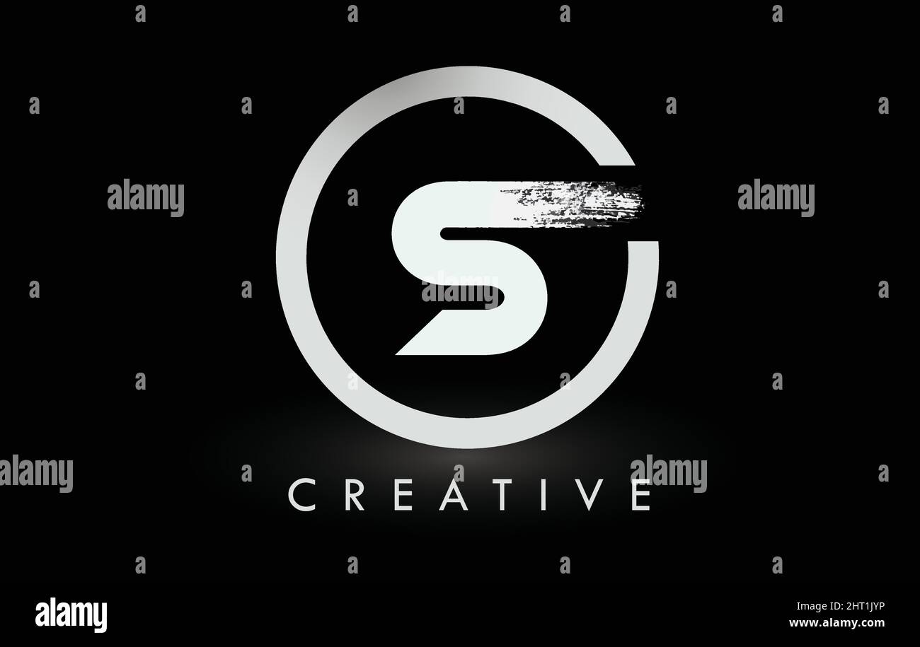 Weißes S-Pinsel-Logo mit schwarzem Kreis. Creative Brushed Letters Icon Logo. Stock Vektor