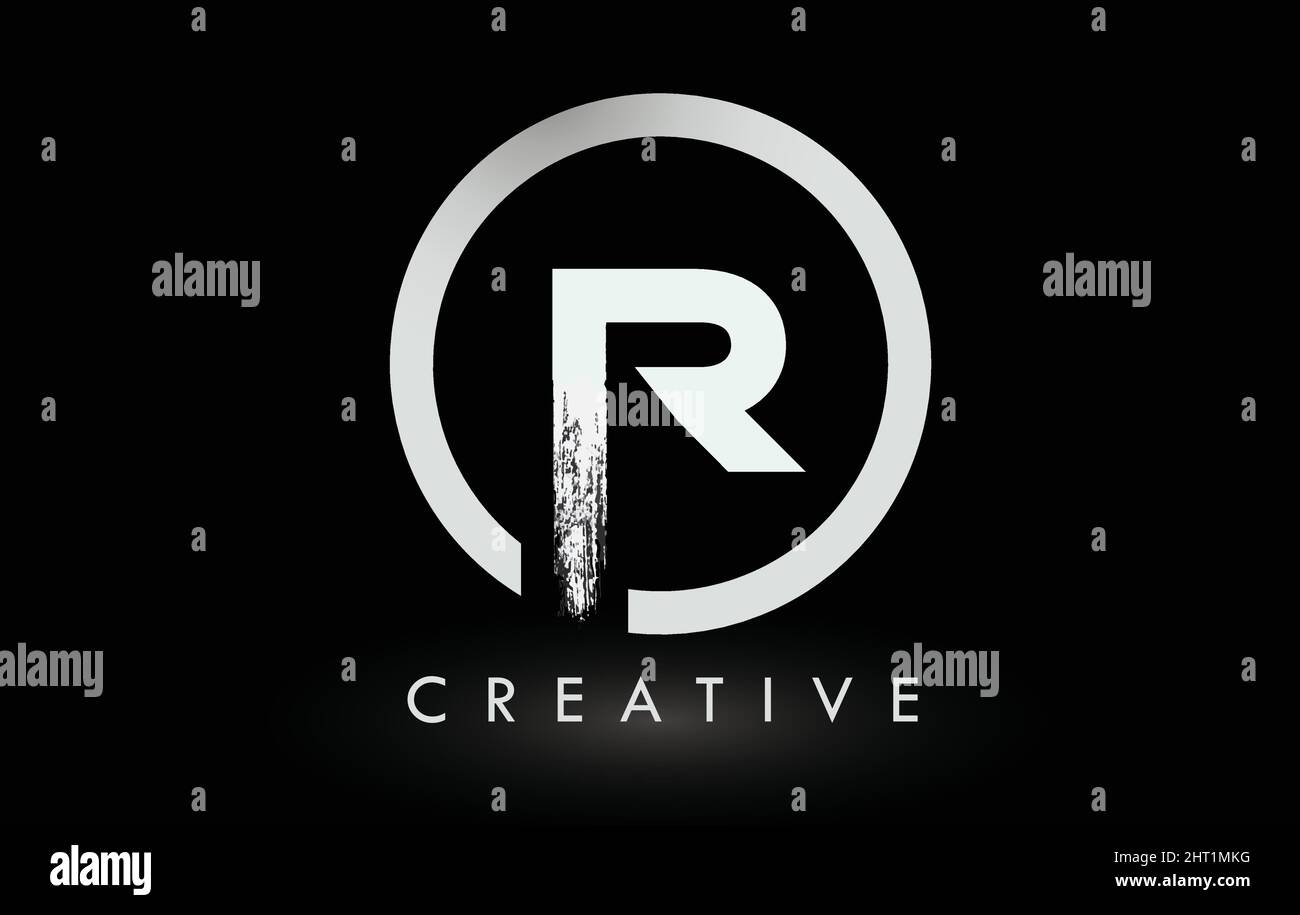 Weißes R-Pinsel-Logo mit schwarzem Kreis. Creative Brushed Letters Icon Logo. Stock Vektor