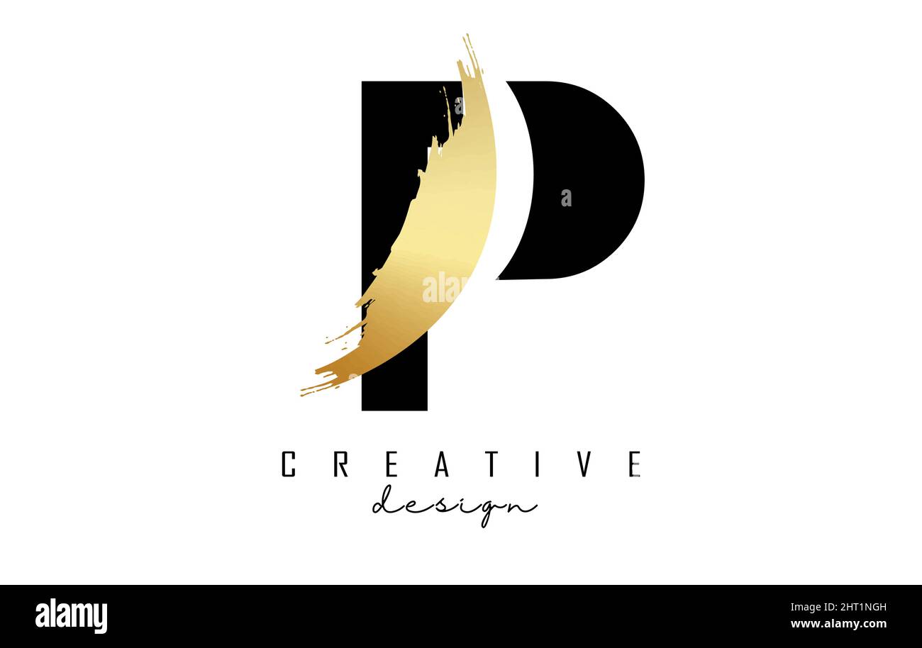 P-Logo mit goldenem Pinselstrich und kreativem Schnitt. Kreative Vektor-Illustration mit Brief. Stock Vektor