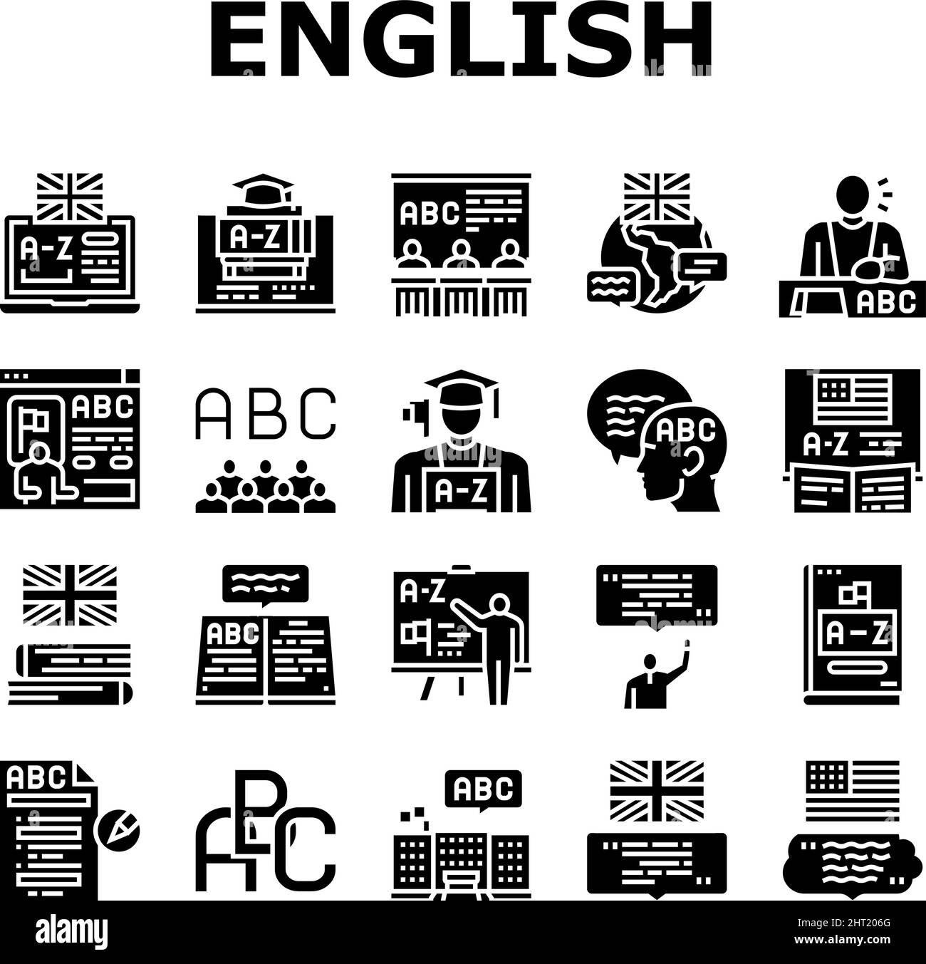 Englische Sprache Lernen An Der Schule Icons Set Vector Stock Vektor