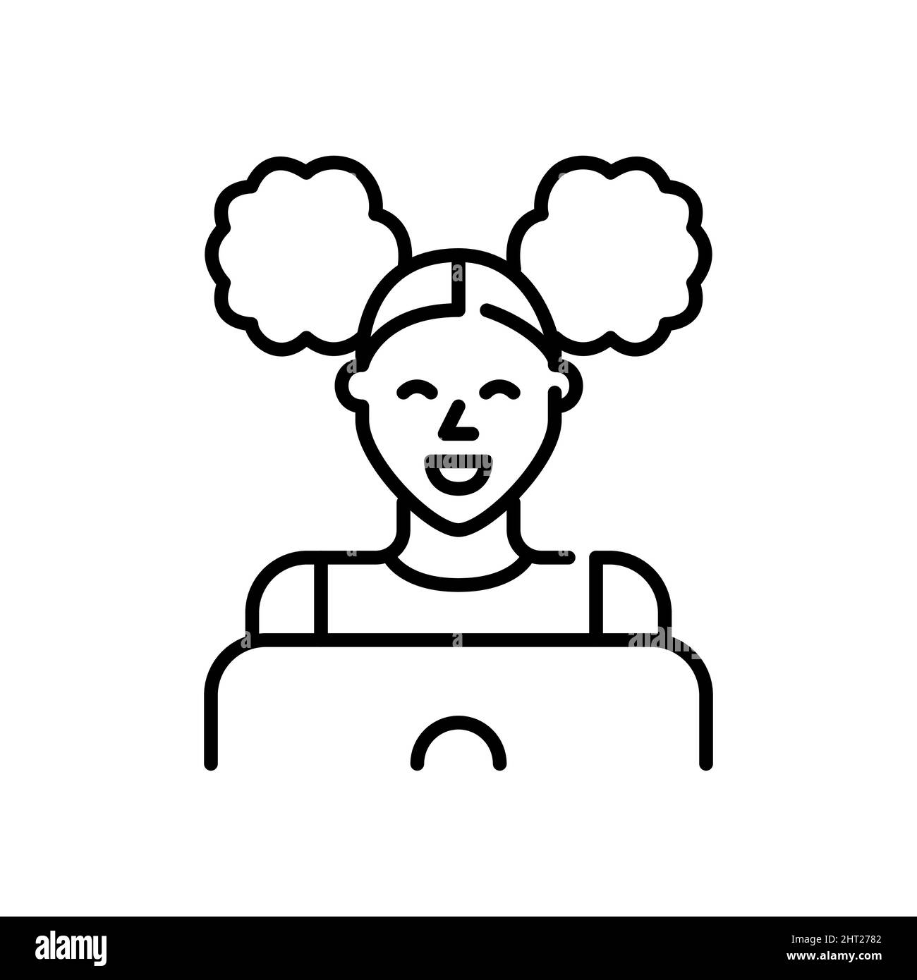 Mädchen mit lockigen Pferdeschwänzen mit einem Laptop. Pixel Perfect, bearbeitbares Kontursymbol Stock Vektor