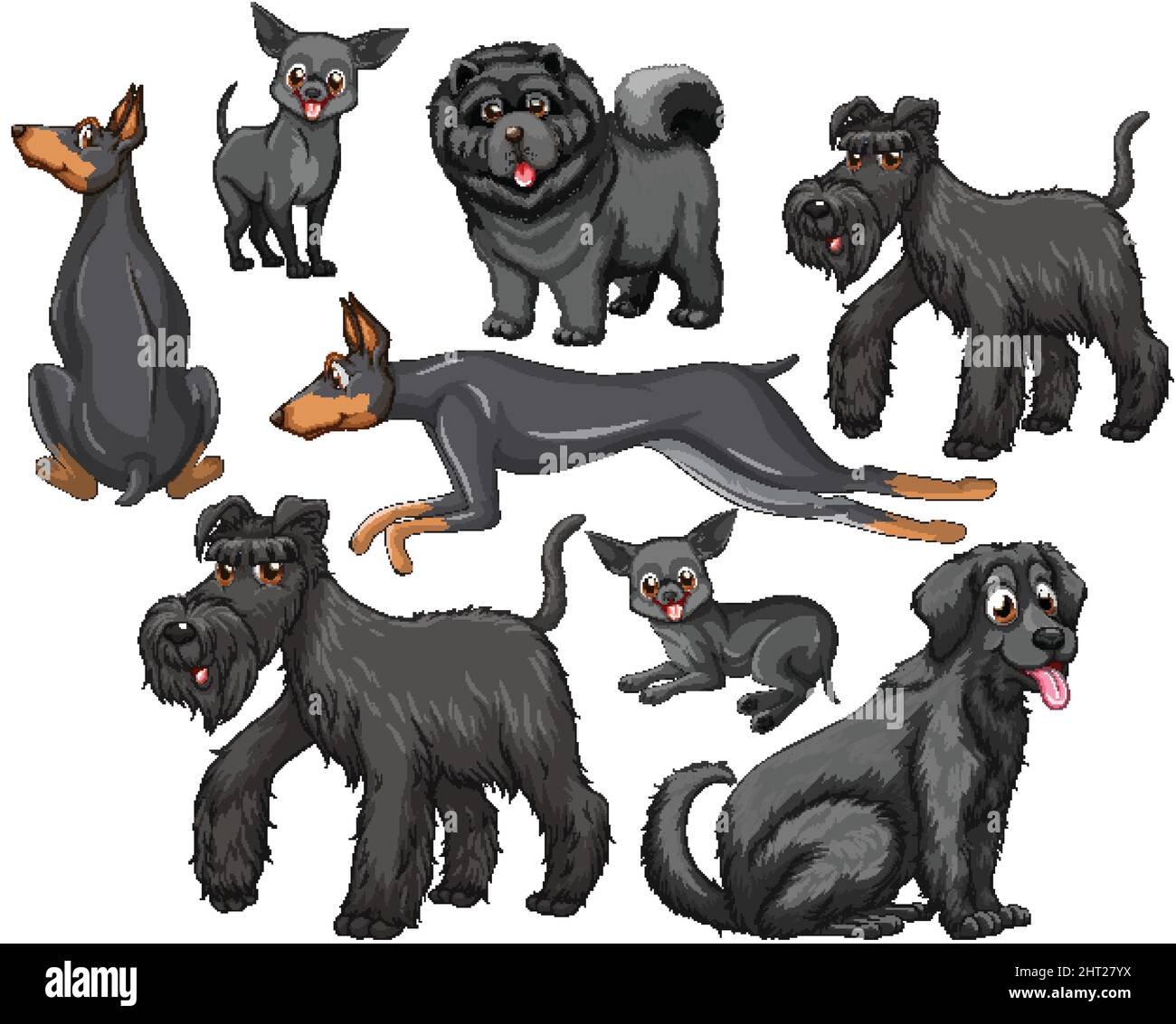 Set von schwarzen Hunden in verschiedenen Rassen auf weißem Hintergrund Illustration Stock Vektor