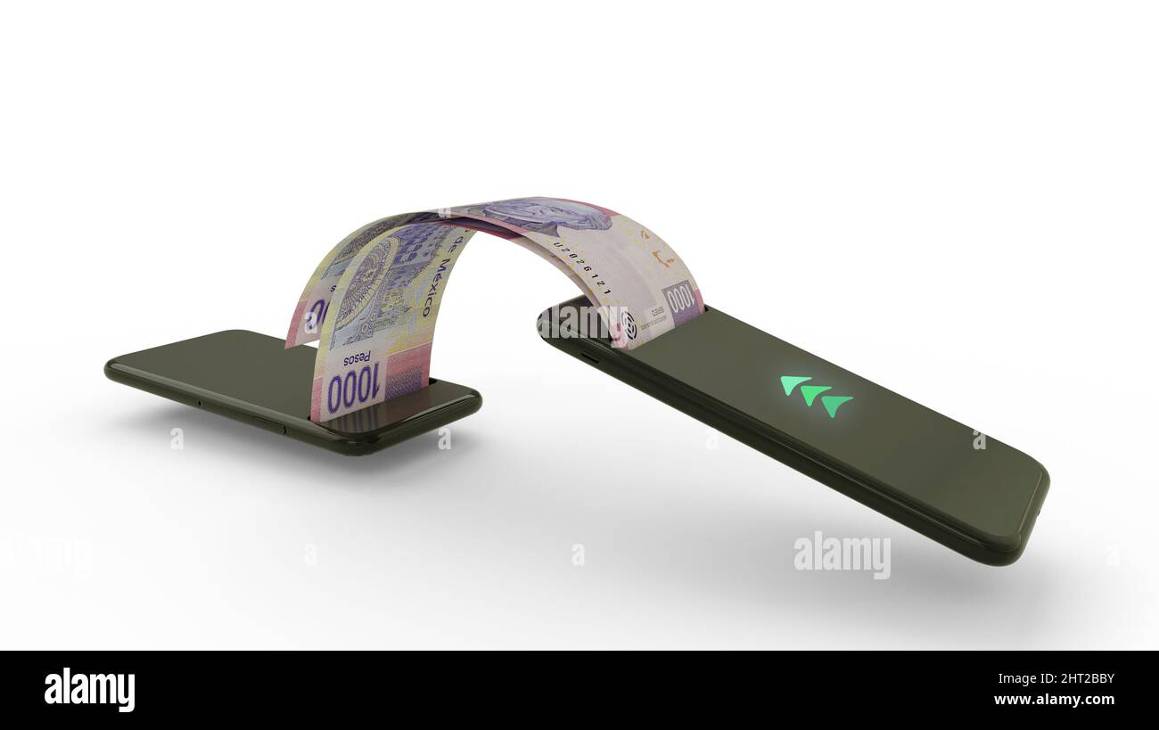 3D Wiedergabe von mexikanischen Peso-Noten, die von einem Telefon zum anderen übertragen werden. Mobile Money Transaction Concept Stockfoto