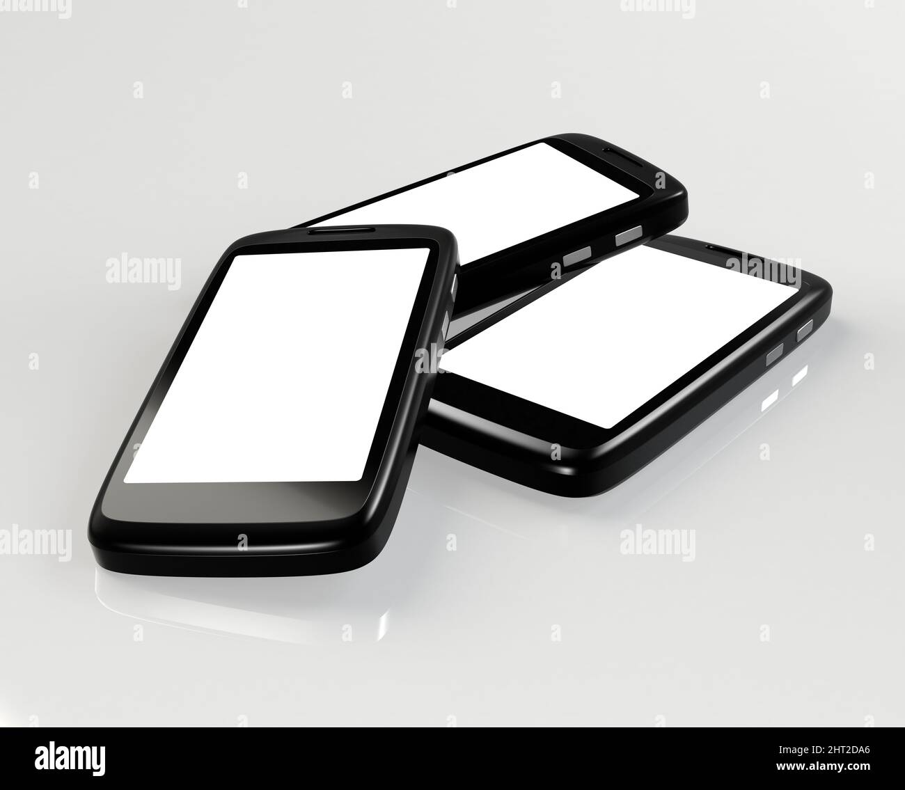 Leere Bildschirme auf Smartphones. Aufnahme von drei Smartphones mit leeren Bildschirmen für den Copyspace. Stockfoto