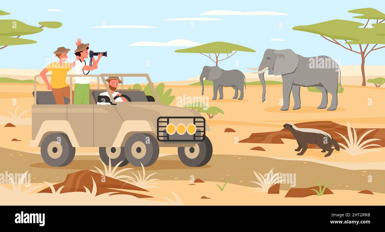 Cartoon Mann Frau Figuren Reisen auf Jeep, Reisende Fotos von afrikanischen wilden Tieren Hintergrund. Safari Reise Abenteuer, Tour in Afrika Stock Vektor