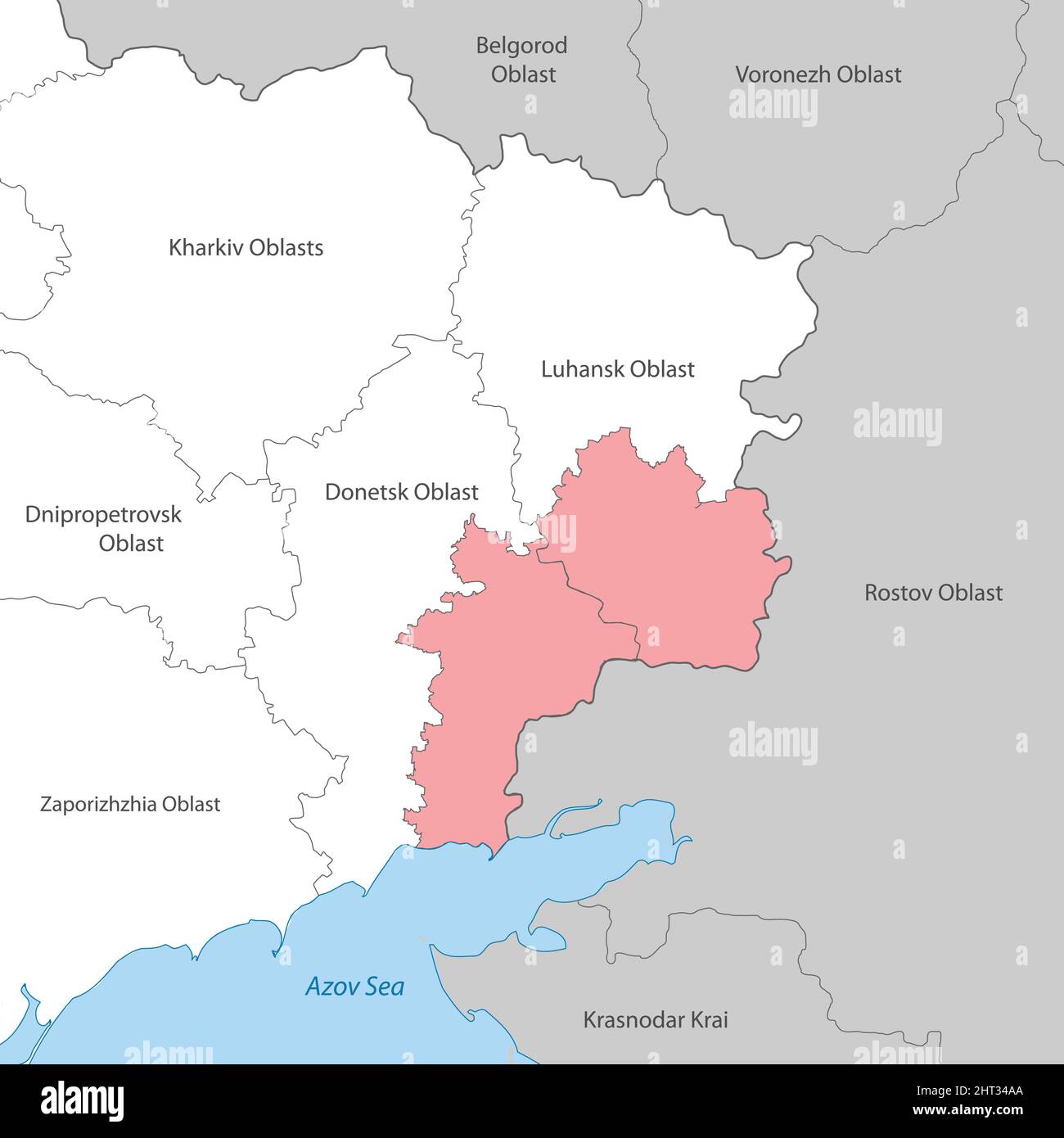 Donezk und Lugansk Regionen innerhalb der Ukraine Karte. Streit zwischen der Ukraine und Russland Stock Vektor