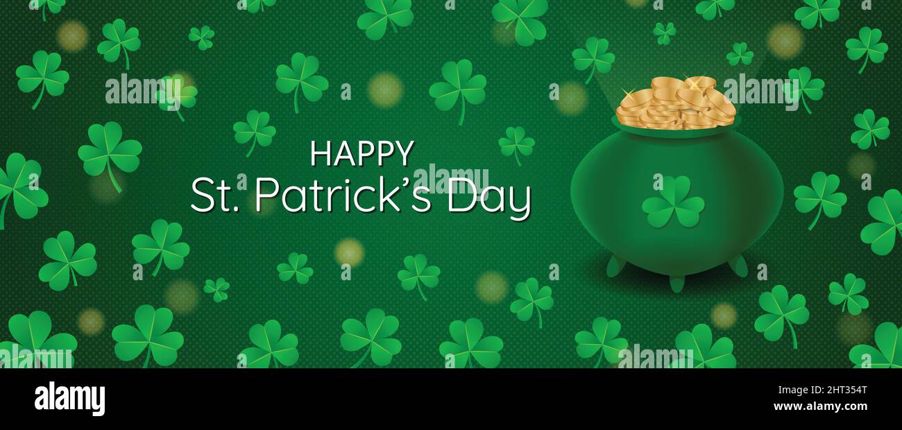 Happy St. Patrick's Day Banner Flyer Vektorgrafik. Website-Header. Shamrock mit goldenem Münztopf auf dunkelgrünem Musterhintergrund Stock Vektor