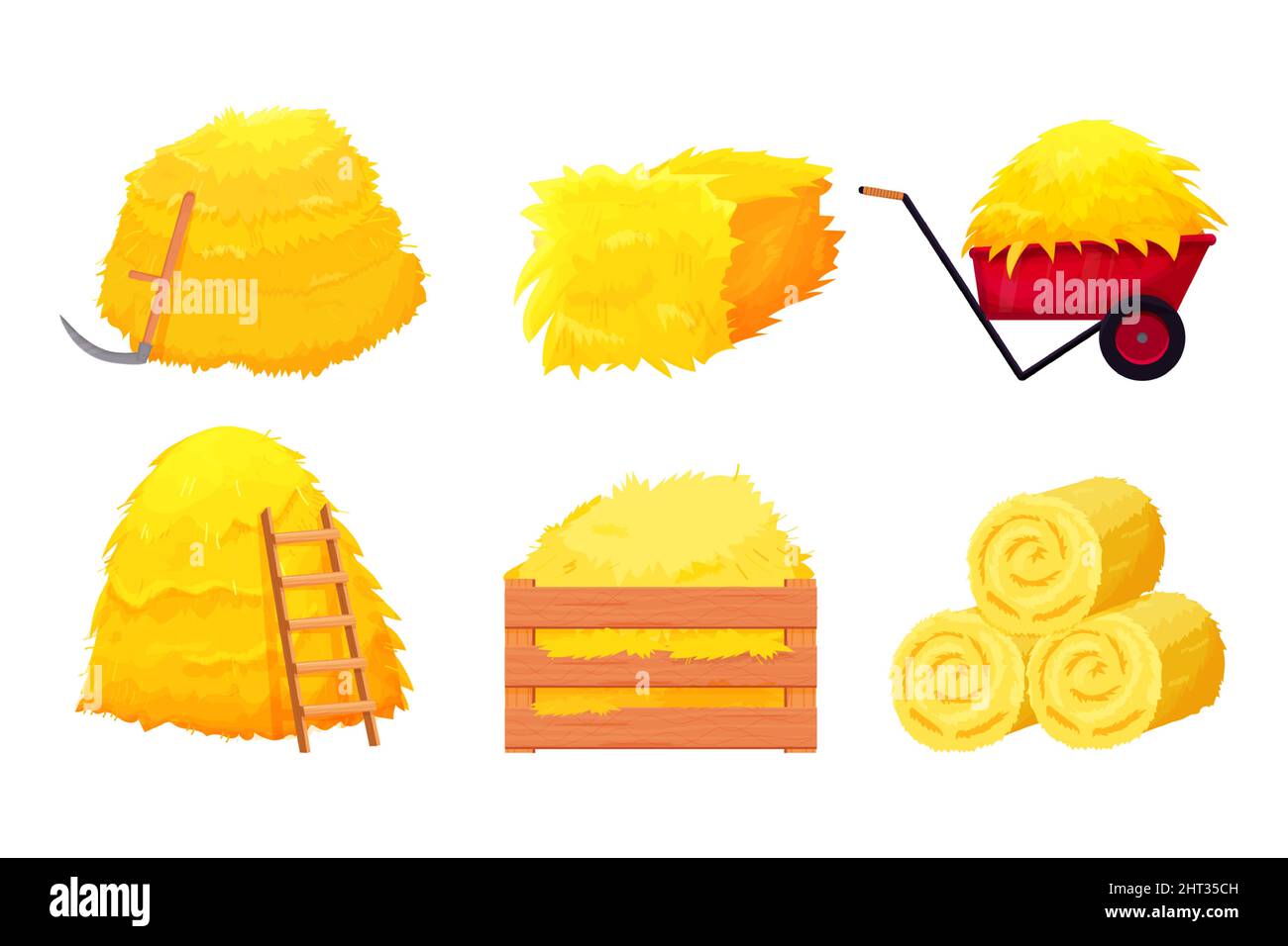 Set Ballen von Heu, Haufen getrockneten Weizen mit Holzkiste, Pitchfork und Schubkarre in Cartoon-Stil isoliert auf weißem Hintergrund. Landwirtschaft . Vektorgrafik Stock Vektor