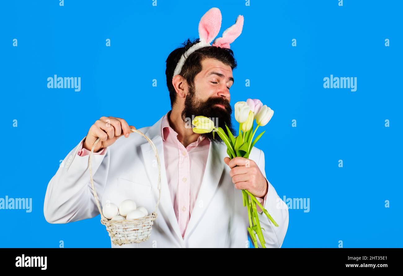 Osterfest. Bärtiger Mann mit Korbeiern und Tulpen. Eiersuche. Kaninchenohren. Frühlingsferien. Stockfoto
