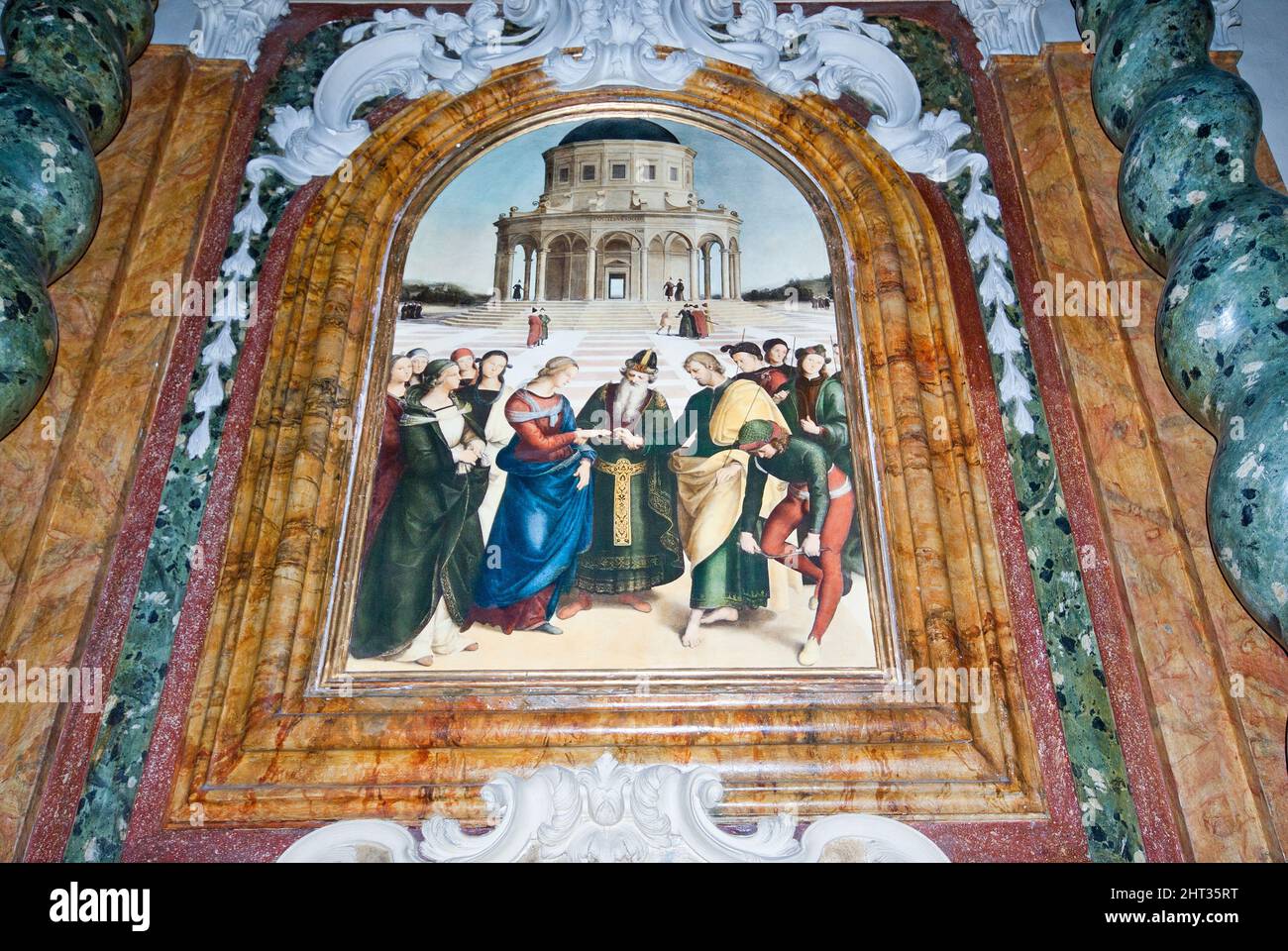 Kopie des Gemäldes 'Hochzeit der Jungfrau' von Rafaello Sanzio (1504), Kirche San Francesco, Città di Castello, Oberes Tibertal, Umbrien, Italien Stockfoto