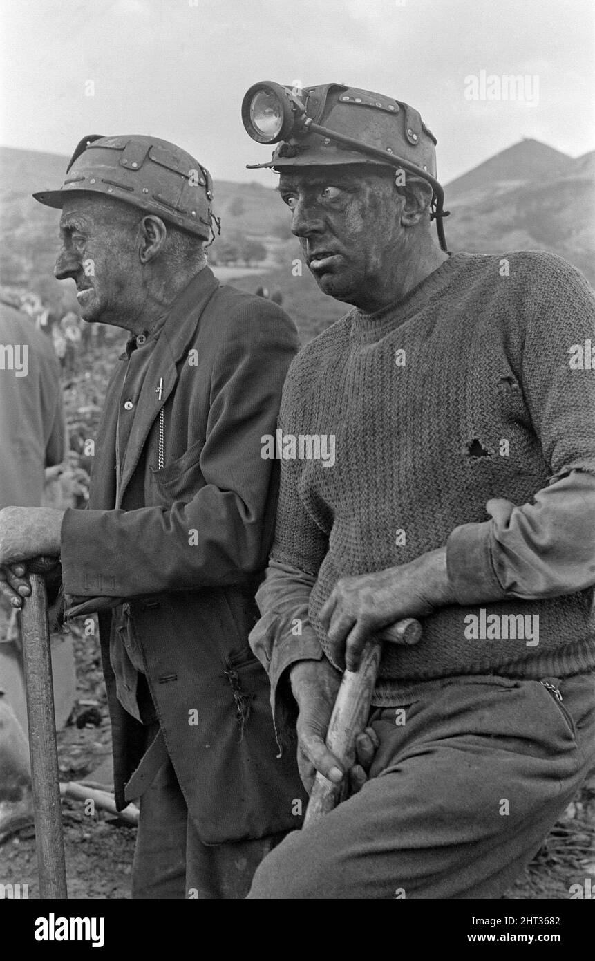 Aberfan - 21.. Oktober 1966 zwei Bergleute in der Pantglas Junior School sehen müde aus, sind aber entschlossen, mit den Rettungsversuchen, im Schlammlawinen gefangene Kinder zu befreien, weiter zu gehen. Die Katastrophe von Aberfan war ein katastrophaler Einsturz einer kollidierenden Beute im walisischen Dorf Aberfan, in der Nähe von Merthyr Tydfil. Er wurde durch eine Ansammlung von Wasser im angesammelten Fels und Schiefer verursacht, die plötzlich in Form von Schlamm bergab zu rutschen begann und am 21.. Oktober 1966 die Pantglas Junior School darunter verschlang und 116 Kinder und 28 Erwachsene tötete. Das ursprüngliche Schulgelände ist heute ein Gedenkgarten. Stockfoto