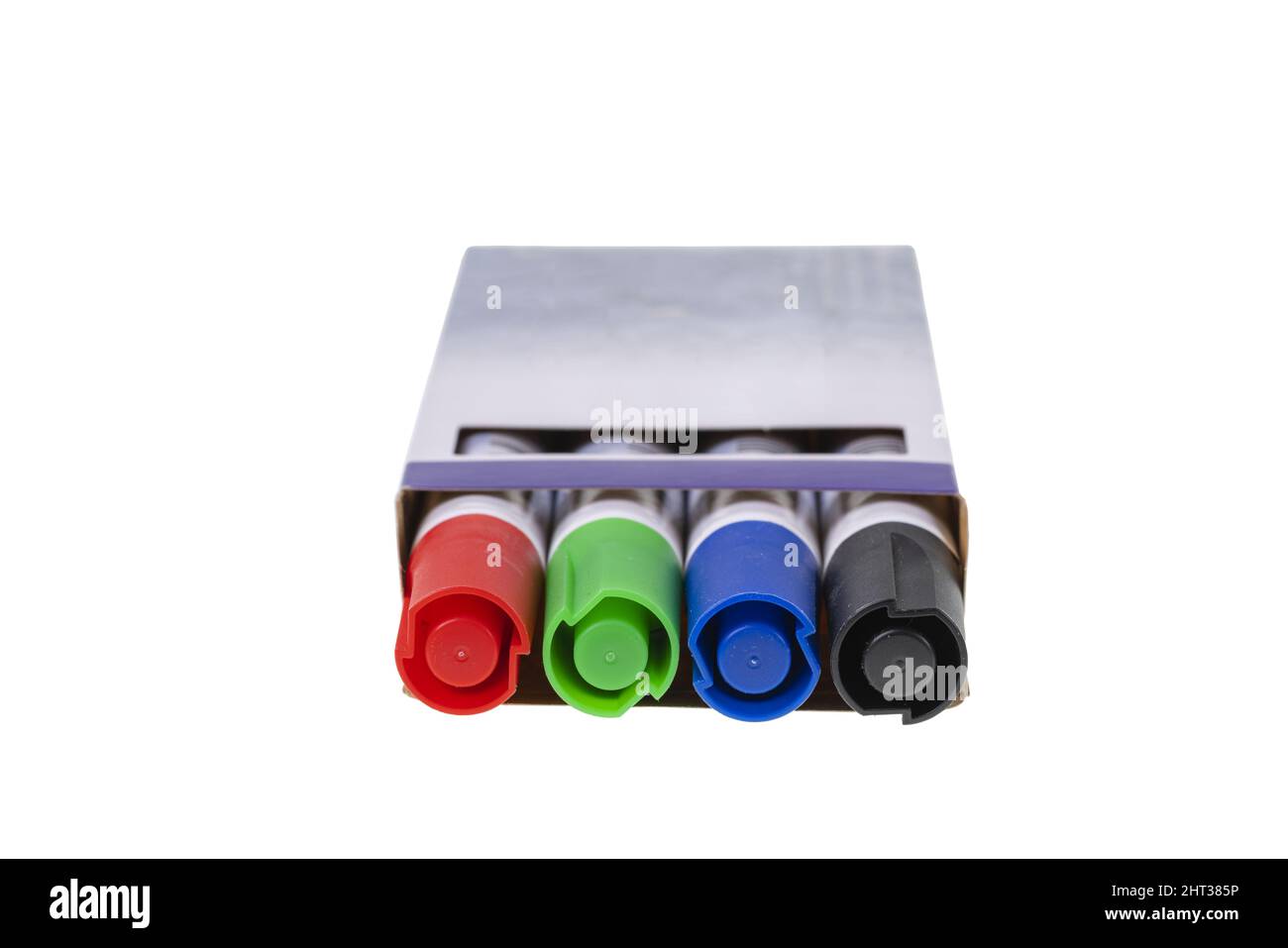 Nahaufnahme einer Packung mehrfarbiger Marker auf weißem Hintergrund. Stockfoto
