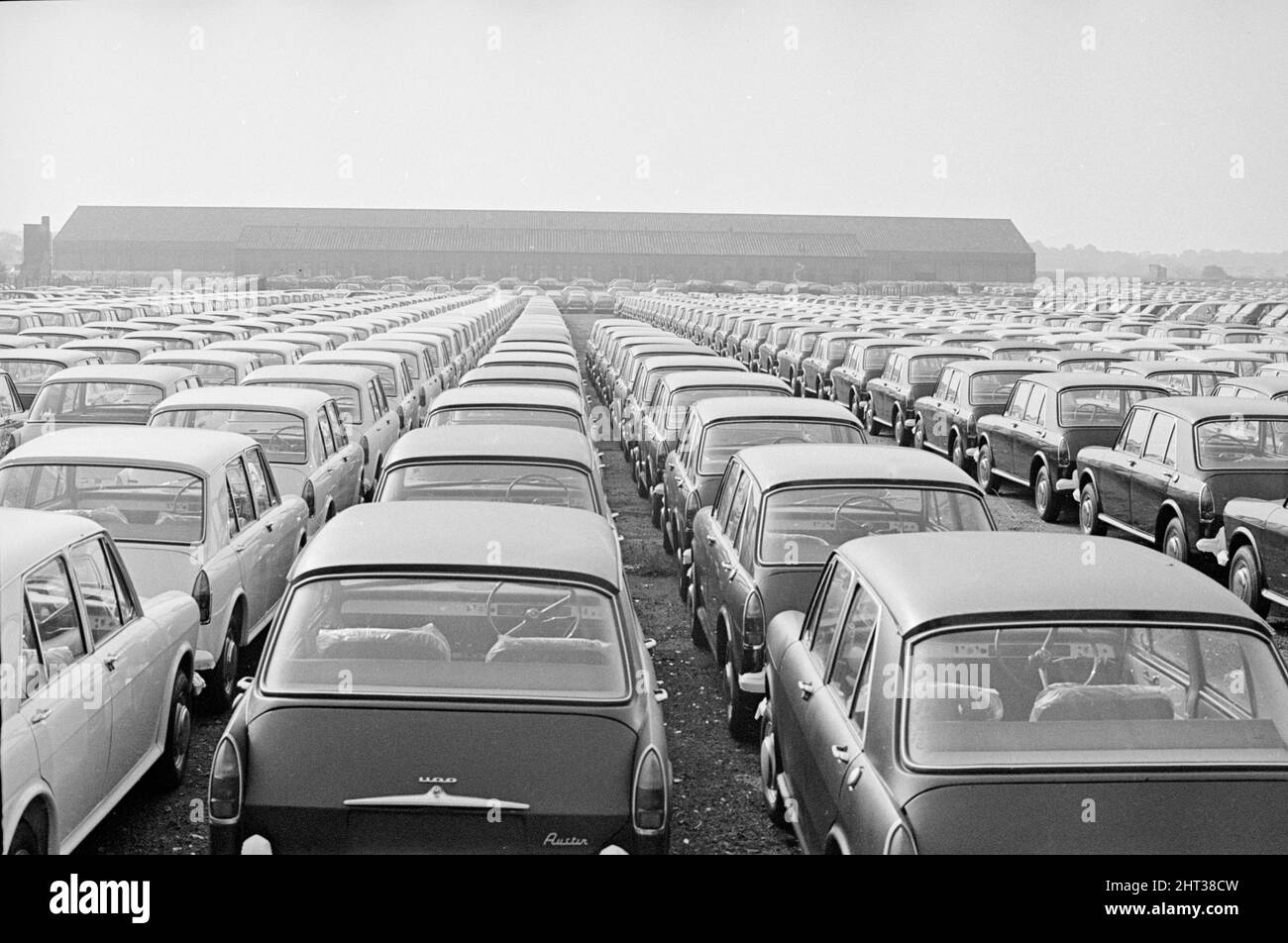 Tausende von neu produzierten Autos aus Austin lagerten auf Wythnal Airfield Shorty, nachdem sie die Produktionslinie in Longbridge, Birmingham, abgefahren hatten. 2.. Oktober 1966. Stockfoto