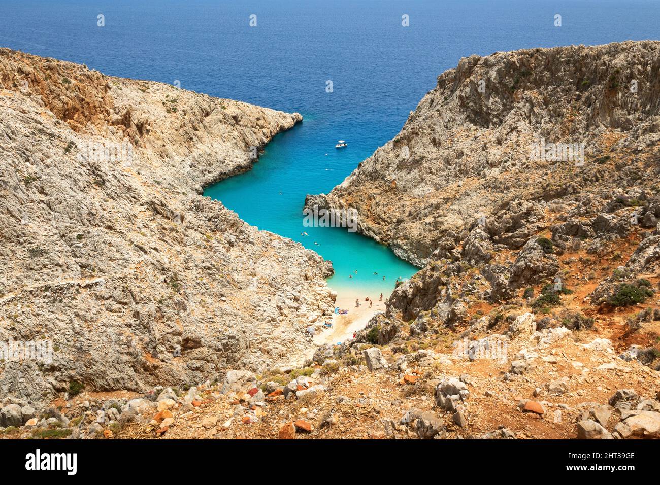 Blick auf den magischen Strand von Seitan Limania auf Kreta, Griechenland Stockfoto