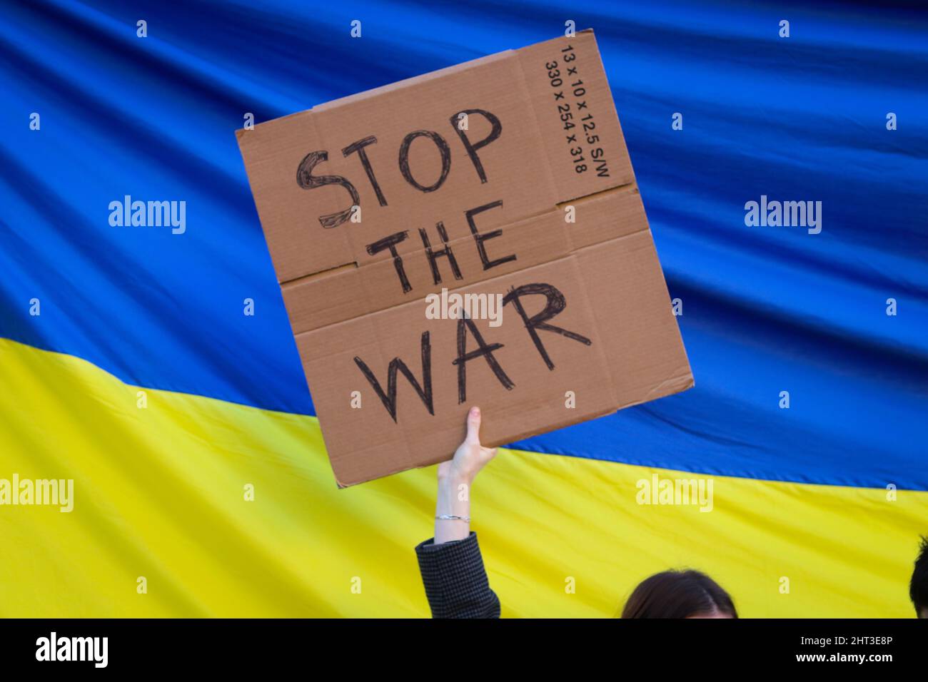 LONDON, FEBRUAR 26 2022 Pro-ukrainische Demonstranten protestieren gegen die russische Invasion in der Ukraine im Londoner Whitehall Stockfoto