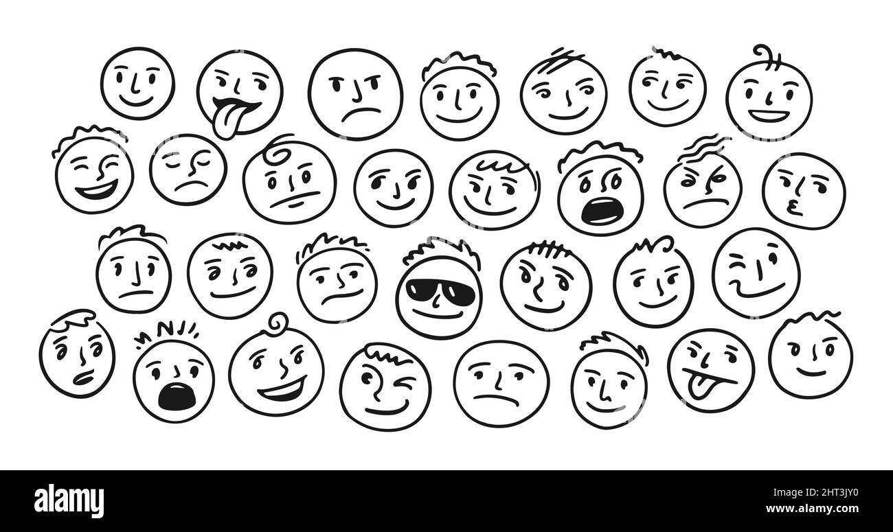 Emotionsgesichter im Doodle-Stil. Satz von Symbolen mit verschiedenen Stimmungsvektoren Stock Vektor