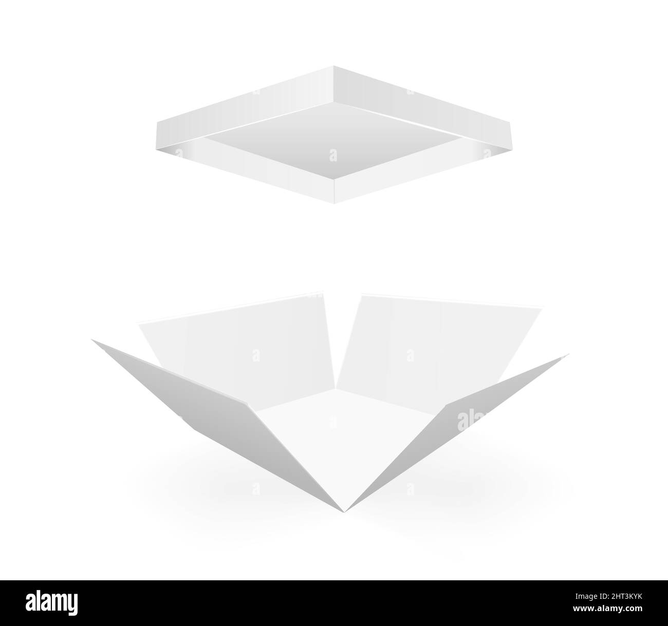 Weiße leere Box mit offenem Deckel auf weißem Hintergrund. Stock Vektor