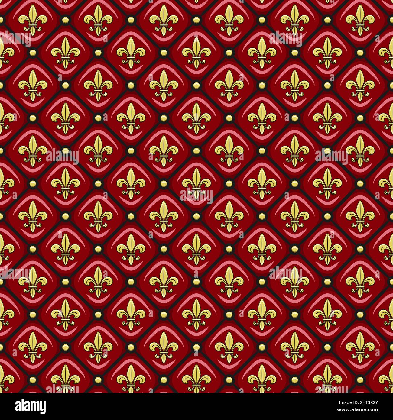 Nahtloses Muster mit rotem Lederbezug, goldenem Fleur-de-LIS. Vektorhintergrund. Stock Vektor