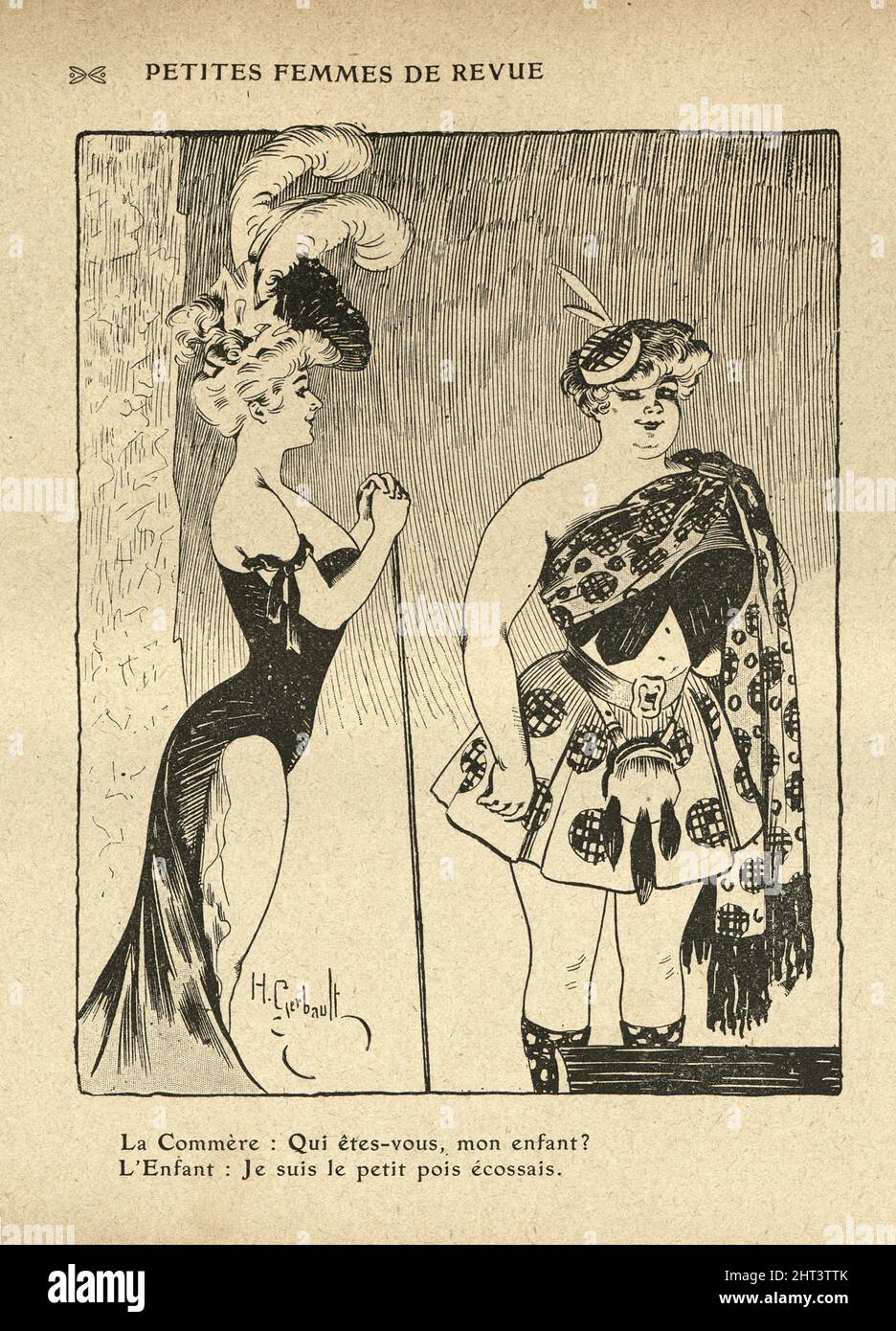 Showgirls, einer in schottischem Kostüm. Französischer Vintage-Cartoon von Henri Gerbault, 1900s. FRAUEN MIT WENIG KRITIK. Der Klatsch: Wer bist du, mein Kind? Th Stockfoto