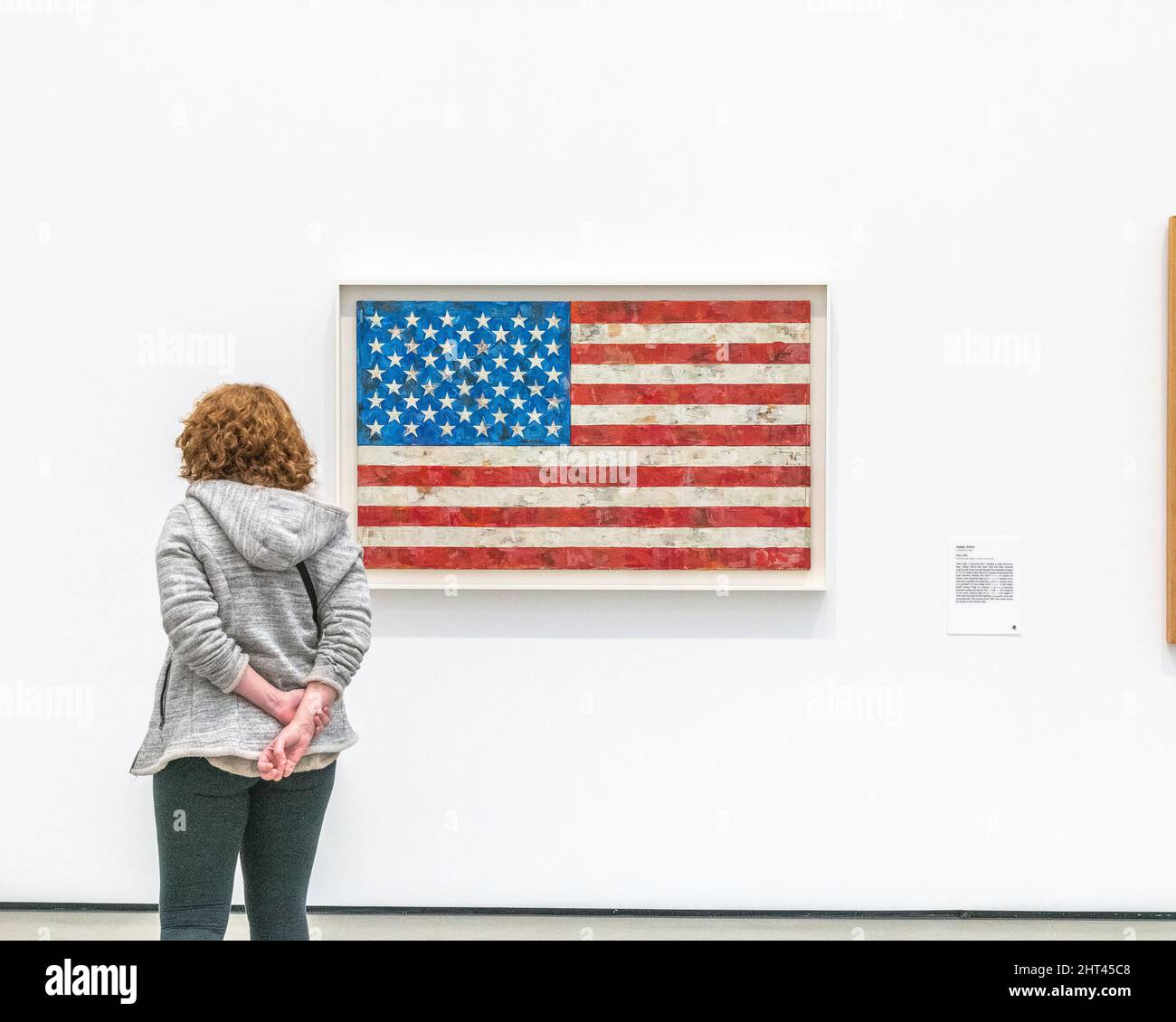 Los Angeles, CA, USA - 25. Februar 2022: Ein Besucher sieht das Gemälde „Flag“ des Künstlers Jasper Johns im Broad Museum in der Innenstadt von Los Angeles, CA. Stockfoto