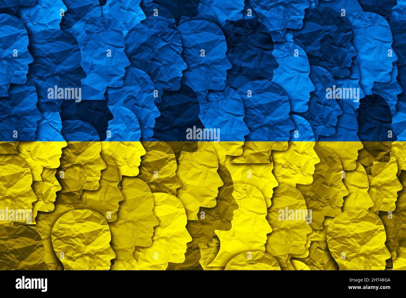 Ukrainisches Volkssymbol als Gruppe von Ukrainern zusammen mit der Flagge der Ukraine als osteuropäischen Land in einem Illustrationsstil von 3D. Stockfoto