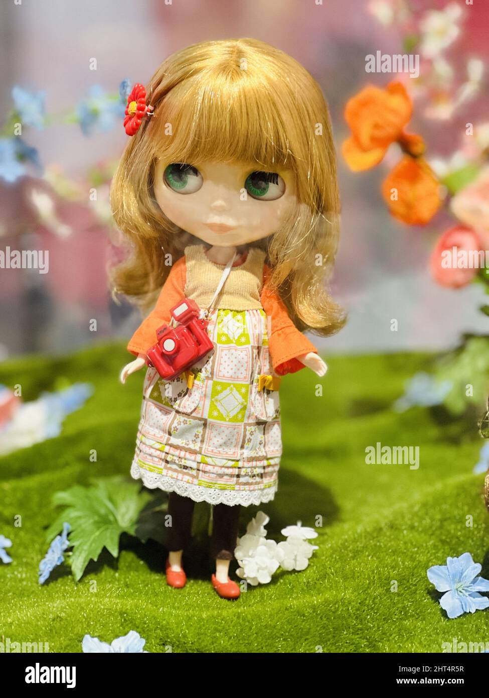 Nahaufnahme einer schönen Puppe mit Gras im Hintergrund Stockfoto