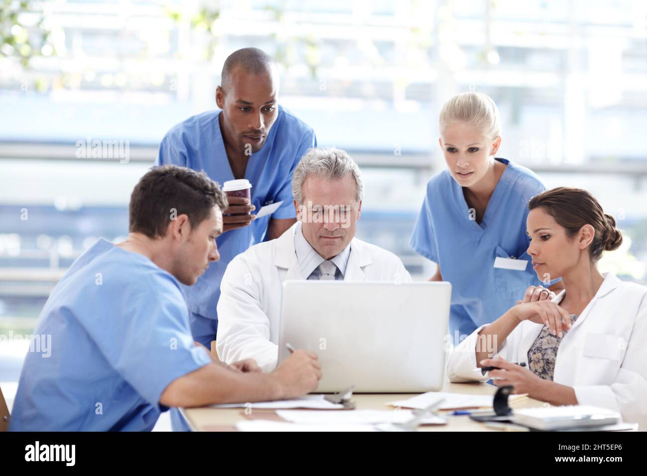 Engagiertes Team von medizinischen Fachkräften. Ein Team von medizinischem Fachpersonal, das um einen Laptop herum arbeitet. Stockfoto
