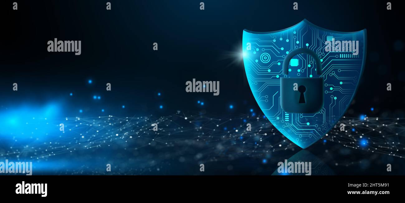 Schild mit Vorhängeschloss-Symbol auf Leiterplatte und Netzwerkdrahtrahmen mit Binärcode auf blauem Hintergrund, abstrakt. Cyber-Angriffsblock, Cyber-Daten. Stockfoto