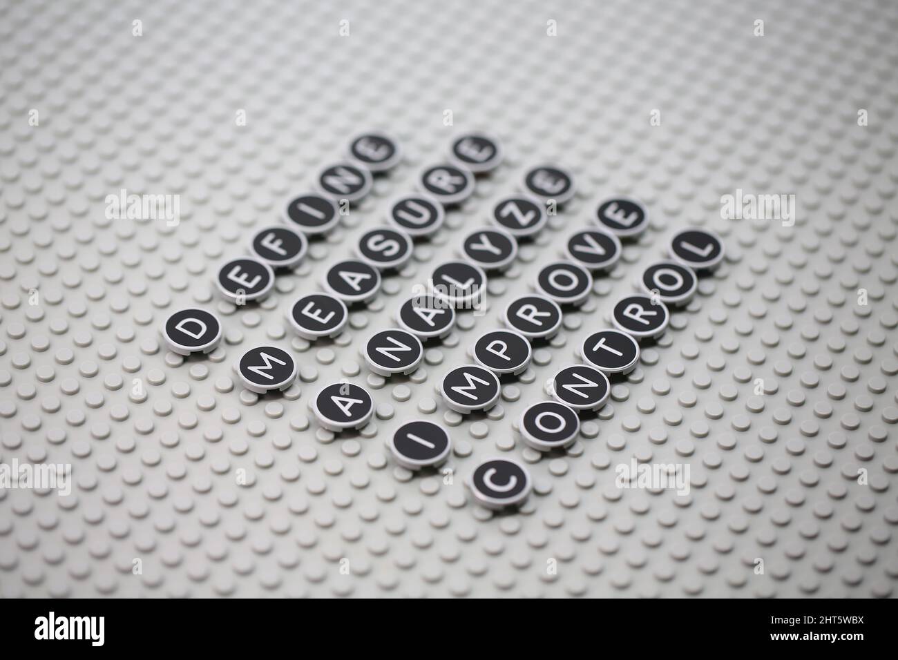 DMAIC - definieren, messen, analysieren, verbessern, kontrollieren, Die Methode der Analyse auf flachem Lay-Muster Stockfoto