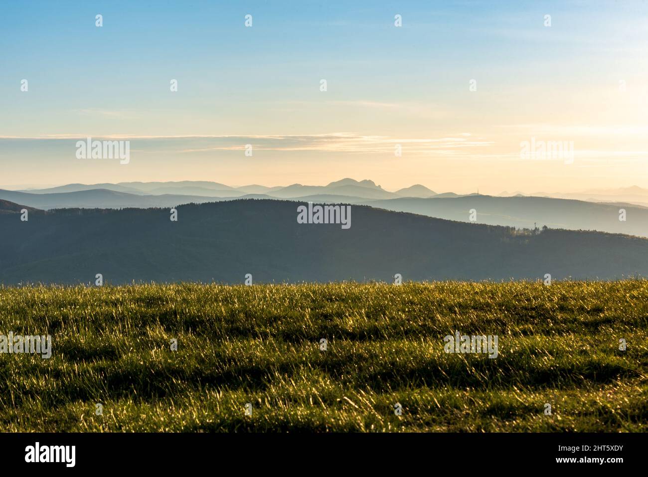 Morgenansicht vom Machnac-Gipfel in den Biele Karpaty-Bergen in der Slowakei nahe der Grenze zu Tschechien Stockfoto