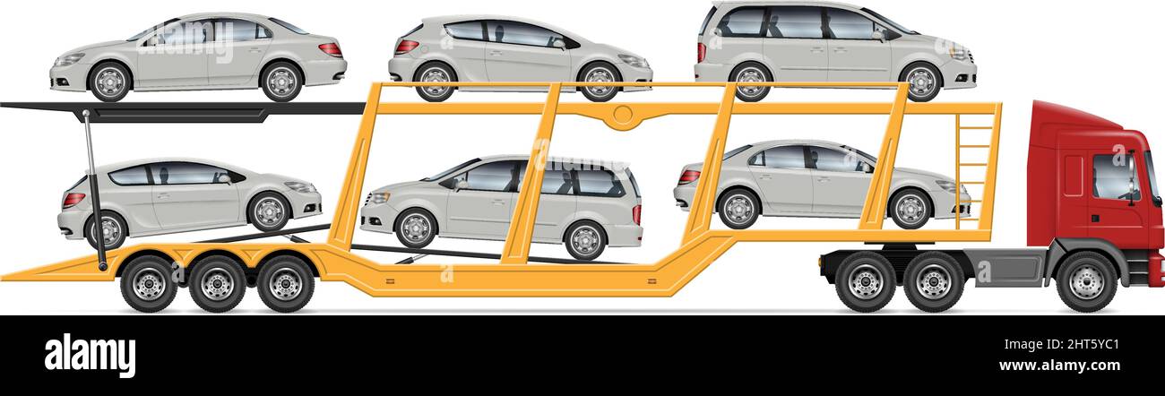 Car Carrier LKW Vektor-Modell. Seitenansicht des Anhängers auf weißem Hintergrund für Fahrzeugbranding, Werbung und Corporate Identity. Stock Vektor