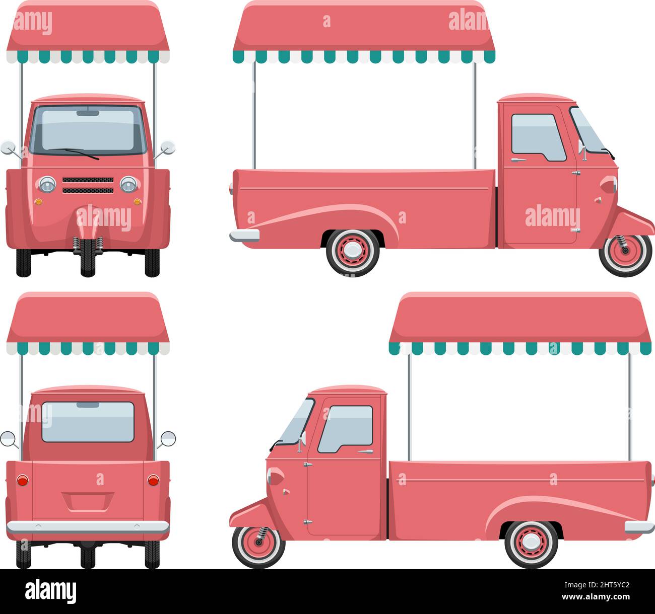 Food Truck Vektor-Vorlage mit einfachen Farben ohne Verläufe und Effekte. Blick von der Seite, vorne, hinten Stock Vektor