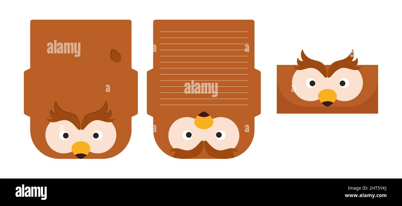 Nette schöne Eule schreiben Schreibwaren Papier Laser schneiden Karte Vorlage. Tierdesign für Begrüßung, Einladung, Dankeskarten. Vektormaterial Abb. Stock Vektor