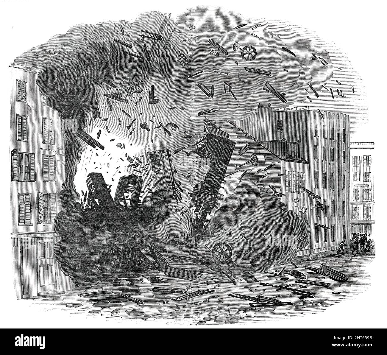Explosion eines Dampfkessels in der Hague-Street, New York, 1850. Szene, die die '...Explosion eines Kessels einer Dampfmaschine in einer Maschinenhalle zeigt, wobei die building...into eine riesige Masse von Ruinen in weniger als einer Minute zermalmt. Etwa fünfzig Menschen, so heißt es, wurden durch diese schreckliche Katastrophe getötet und sechzig verletzt, wobei das Gebäude von mehreren Arbeitern besetzt wurde... das ganze Gebäude, Das sechs Stockwerke hoch war, wurde tatsächlich von seinem Fundament auf eine Höhe von sechs Fuß gehoben und, als es diese Höhe erreichte, stürzte es herunter und zermalzte in seinen Ruinen eine große Anzahl... unmittelbar nach der Explosion, Stockfoto