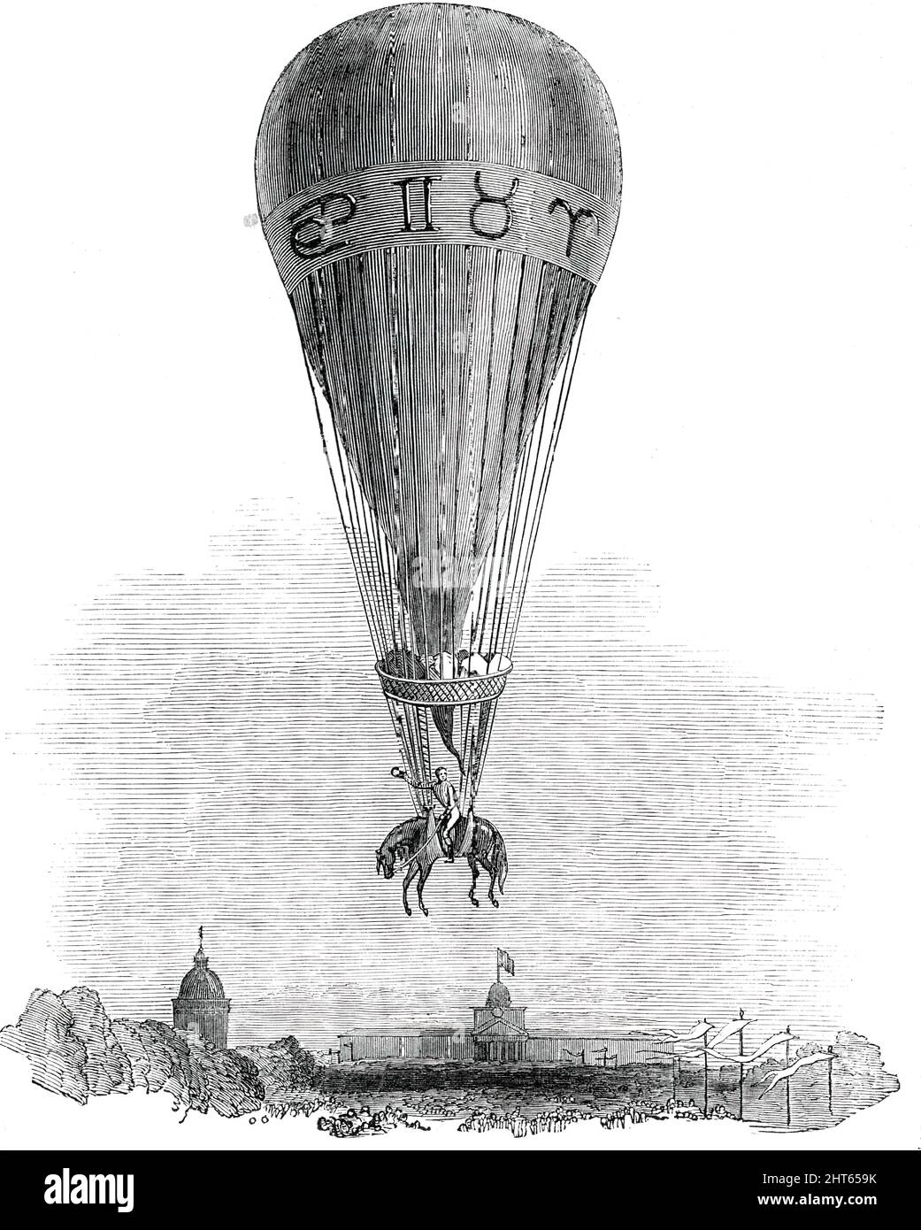 Besteigung von M. Poiteven, auf dem Pferderuck, im Ballon, vom Mars-Gipfel, Paris, 1850. „Mehr als 10.000 Personen bezahlten den Eintritt... um den Aufstieg zu erleben... Es war eine Angelegenheit von erheblicher Schwierigkeit, den Ballon mit Gas zu füllen, da die gewalttätigen wind...it hin und her geschlagen wurden... so stark, Dass einige der Zuschauer dabei helfen mussten, es zu halten... ein stoppiges Tuch wurde um den Körper des Pferdes gelegt, und... das Tier wurde durch Schnüre am Netzwerk des Ballons befestigt... der Aeronaut war als Jockey gekleidet, Und hatte mit ihm mehrere Flaschen Wein und etwas Brot....die Emotion von t Stockfoto