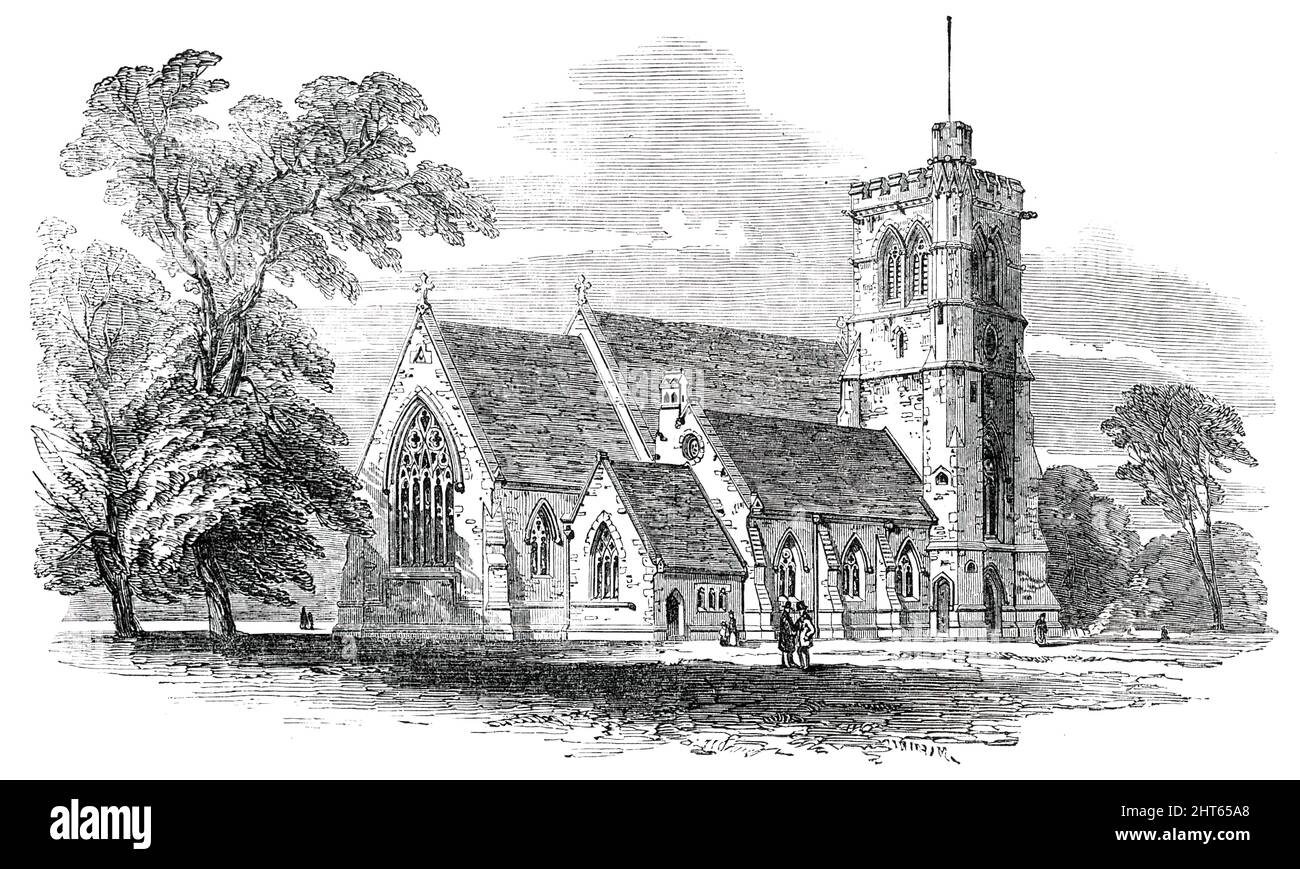 New Church of St. John the Evangelist, at Great Stanmore, [North London], 1850. „Der Grundstein wurde [1849] vom Earl of Aberdeen gelegt (dessen Sohn, der Hon. Und Rev. Douglas Gordon, Rektor der Pfarrei ist)... der Stil der Architektur ist im gesamten gotischen Stil dekoriert... der Architekt ist H. Clutton, Esq...der Platz und das angrenzende Feld wurden von Oberstleutnant Hamilton Tovey Tennent gegeben...nach der [Weihe]-Zeremonie wurde im Pfarrhaus unter einem geräumigen Festzelt ein Mittagessen für den Klerus und andere angesehene Besucher bereitgestellt...Ein Abendessen wurde auch im Priorat-Park an 500 Arme gegeben Stockfoto