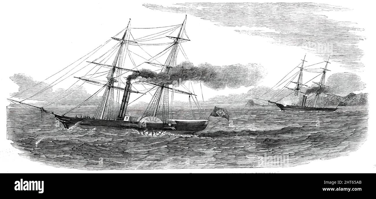 Der brasilianische Steam-Brig "Pacquete de Santos", aufgenommen von H.M. Steam-Sloop "Rifleman", 1850. Royal Navy Schiff auf der Suche nach einem Sklave "bekannt, dass mehrere Reisen von der Küste von Afrika zu den Brasilen gemacht haben, Transport von 1000 bis 1500 Sklaven jede Reise ... als die Beobachtung der Rifleman, [die Pacquete de Santos] änderte ihren Kurs, und machte alle Anstrengungen, um zu entkommen: Ein zielgerichteter Schuss aus dem langen Gewehr des Riflemans... überraschte die Mannschaft der Sklavenerin und brachte sie zu sich; sie wurde dann bestiegen und searched...seized, und nach St. Helena zur Gerichtsurteile geschickt, und dort verordnet, verurteilt zu werden Stockfoto