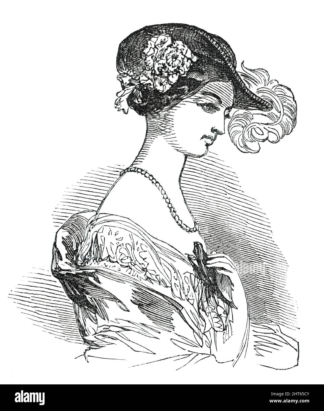 Mode für Mai - Crinoline hat, für Opera, &amp;c., 1850. Hut '... von offenem Muster, im Allgemeinen mit einer Blume oder Federn getrimmt und zur Oper getragen, &amp;c'. „Es werden Strohhauben in verschiedenen Farben angenommen, die am besten für den Frühling geeignet sind, besonders in Flieder oder mit Fliederzweigen verziert. Weiß gezogene Seidenhauben sind viel abgenutzt, aber mit Netzzuführungen bedeckt. Gezogene Spitzen- und Krabbenhauben beginnen zu erscheinen, und schon werden schwarze und weiße Spitzenhauben vorbereitet. Obstzweige werden auf diesen zuletzt erwähnten Hauben sehr stark getragen.“ Aus „Illustrated London Ne Stockfoto