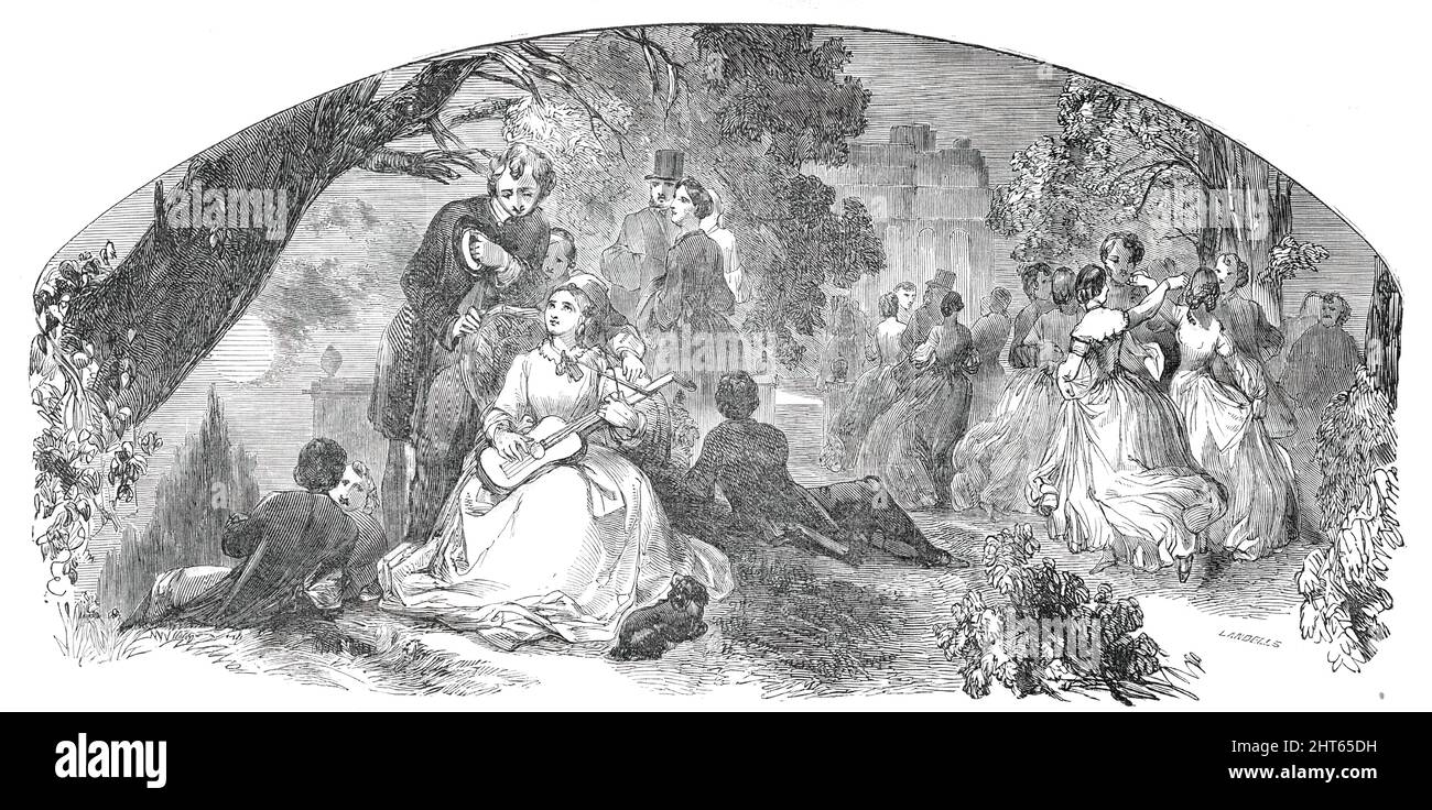 Illustration für Noten: "Wir haben uns nie wieder getroffen", 1850. Gedichte von Edward Mordaunt Spencer, komponiert von G. Herbert Rodwell: 'Ich traf sie in einer Sommernacht, ich dachte, sie gehe gut; von all den Edelsteinen, die mir begegneten, mir die schönste dort. Sie zu sehen, seit ich oft seufzte, aber Seufzer sind alle vergeblich; obwohl ich sie gesucht habe, haben wir uns nie wieder getroffen...'. Aus „Illustrated London News“, 1850. Stockfoto