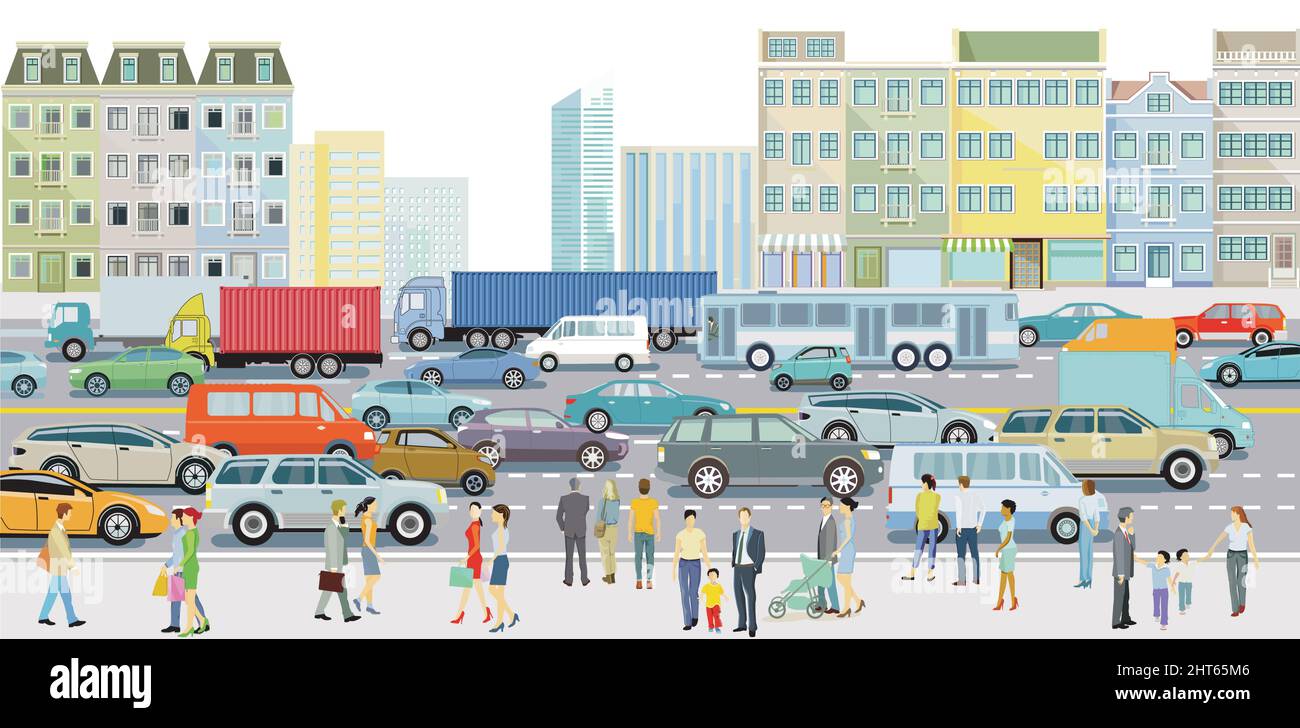 Große Stadt mit starkem Verkehr, LKW und PKW, Illustration Stock Vektor